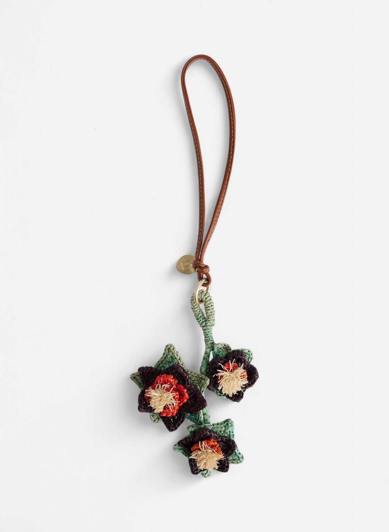 Bijoux de sac fleurs en raphia naturel et cuir lisse végétal LE TANNEUR Orange