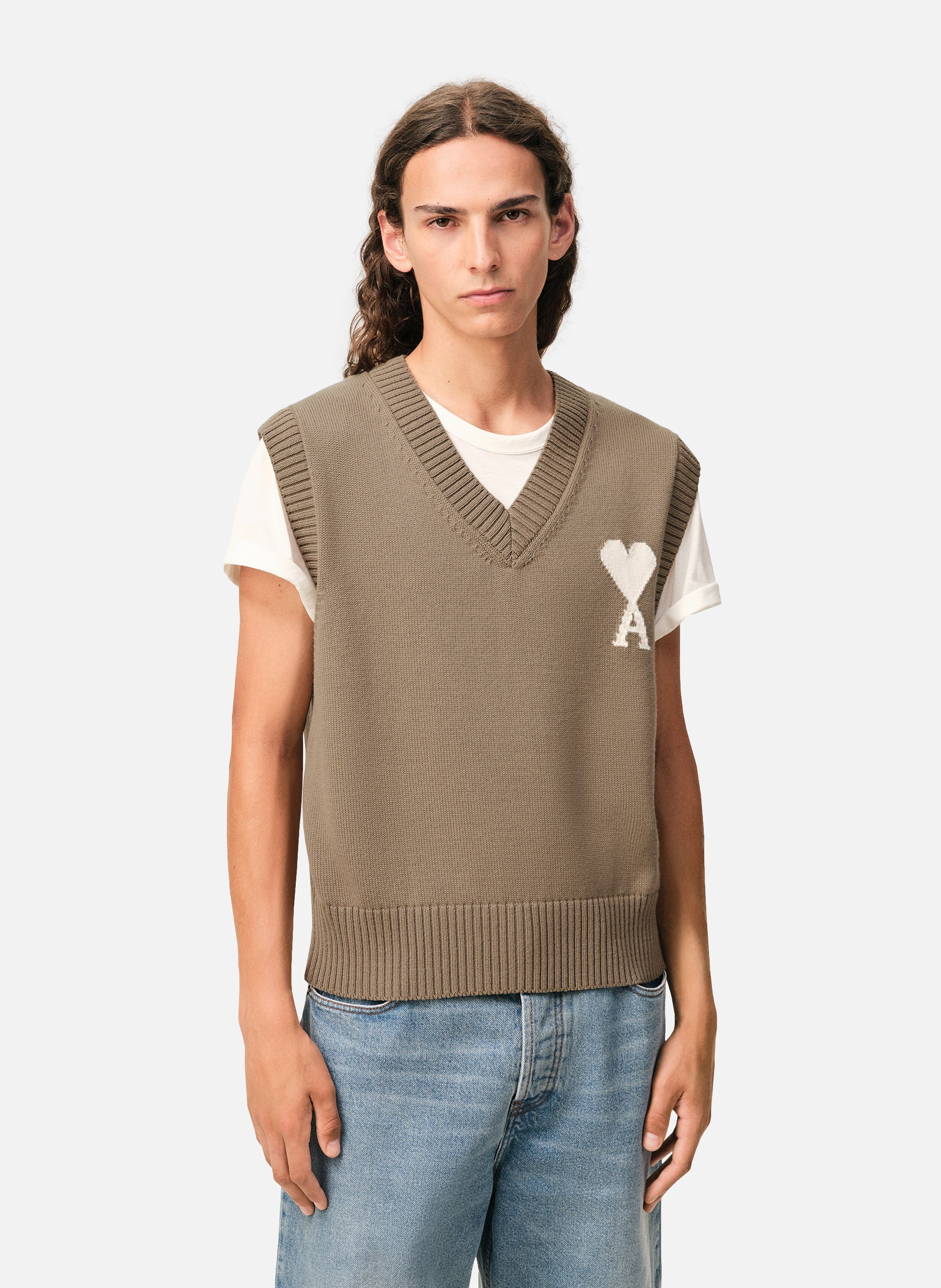 Pull col v sans manches ami de coeur en laine unisexe AMI PARIS Beige