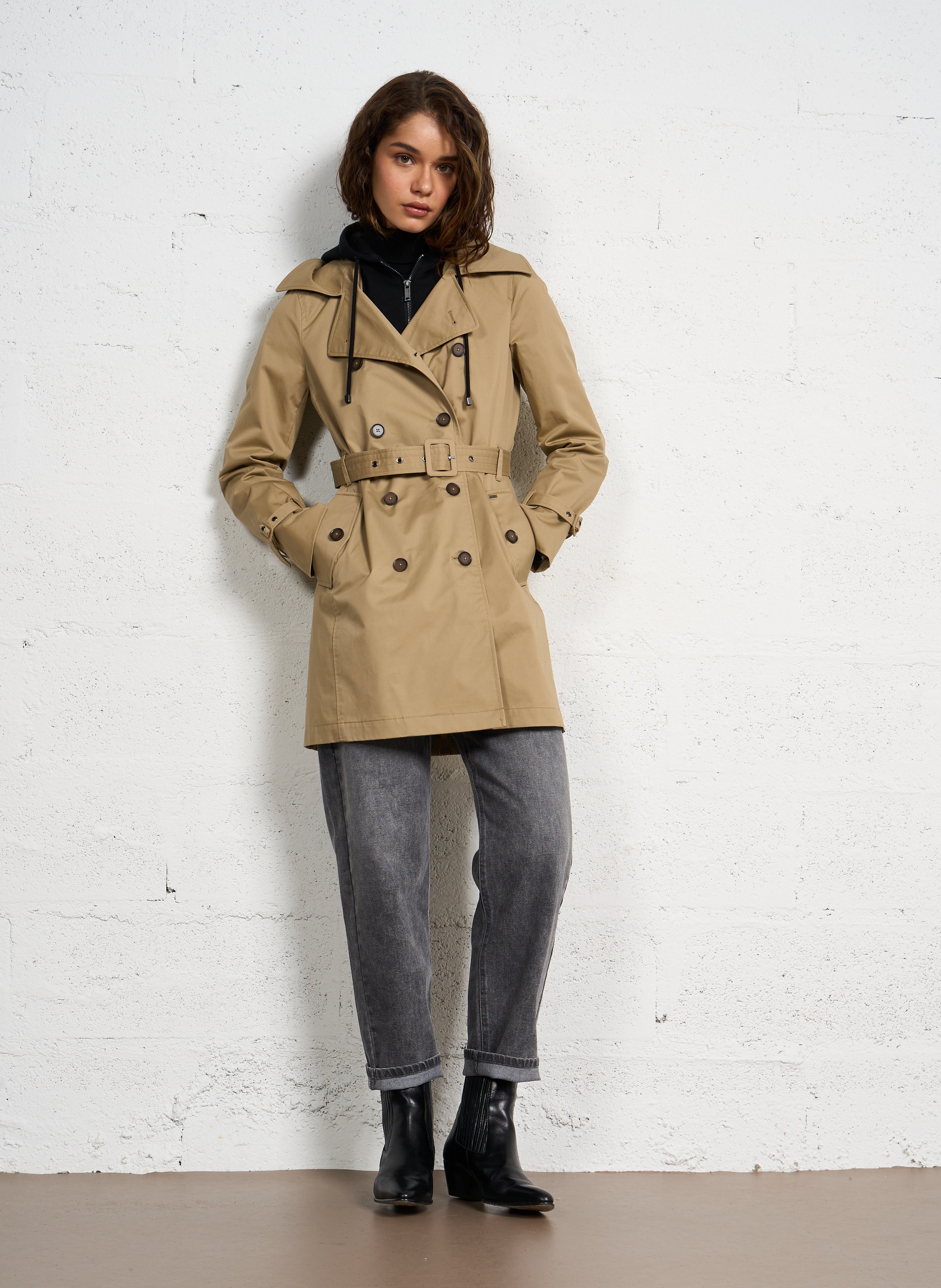 Trench à capuche amovible en coton IKKS Beige
