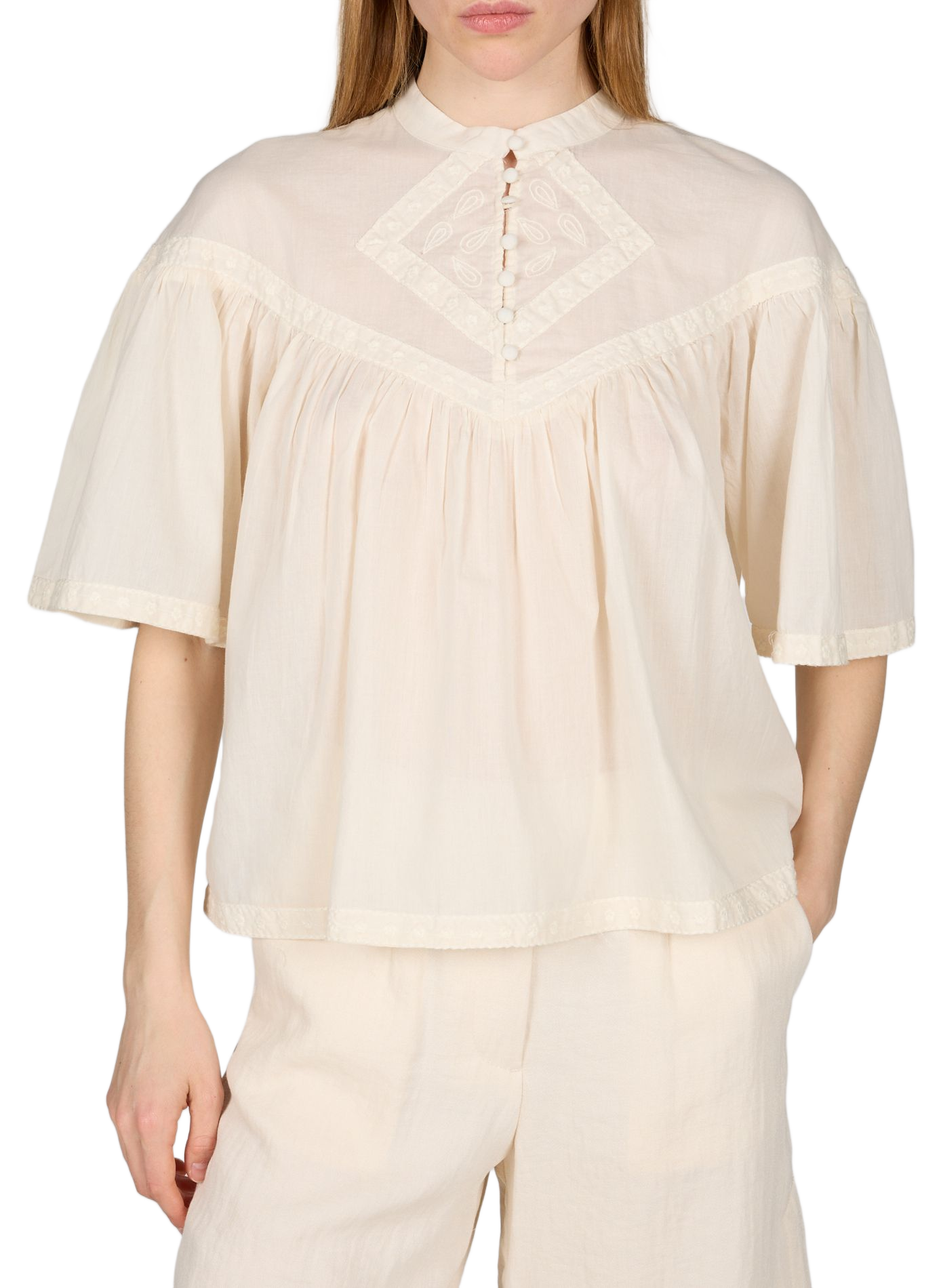 Embroidered cotton high-neck top VILA Beige