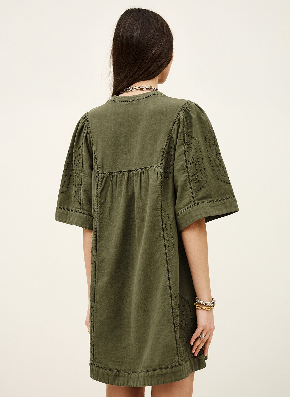 Robe courte col v en coton gina Kaki