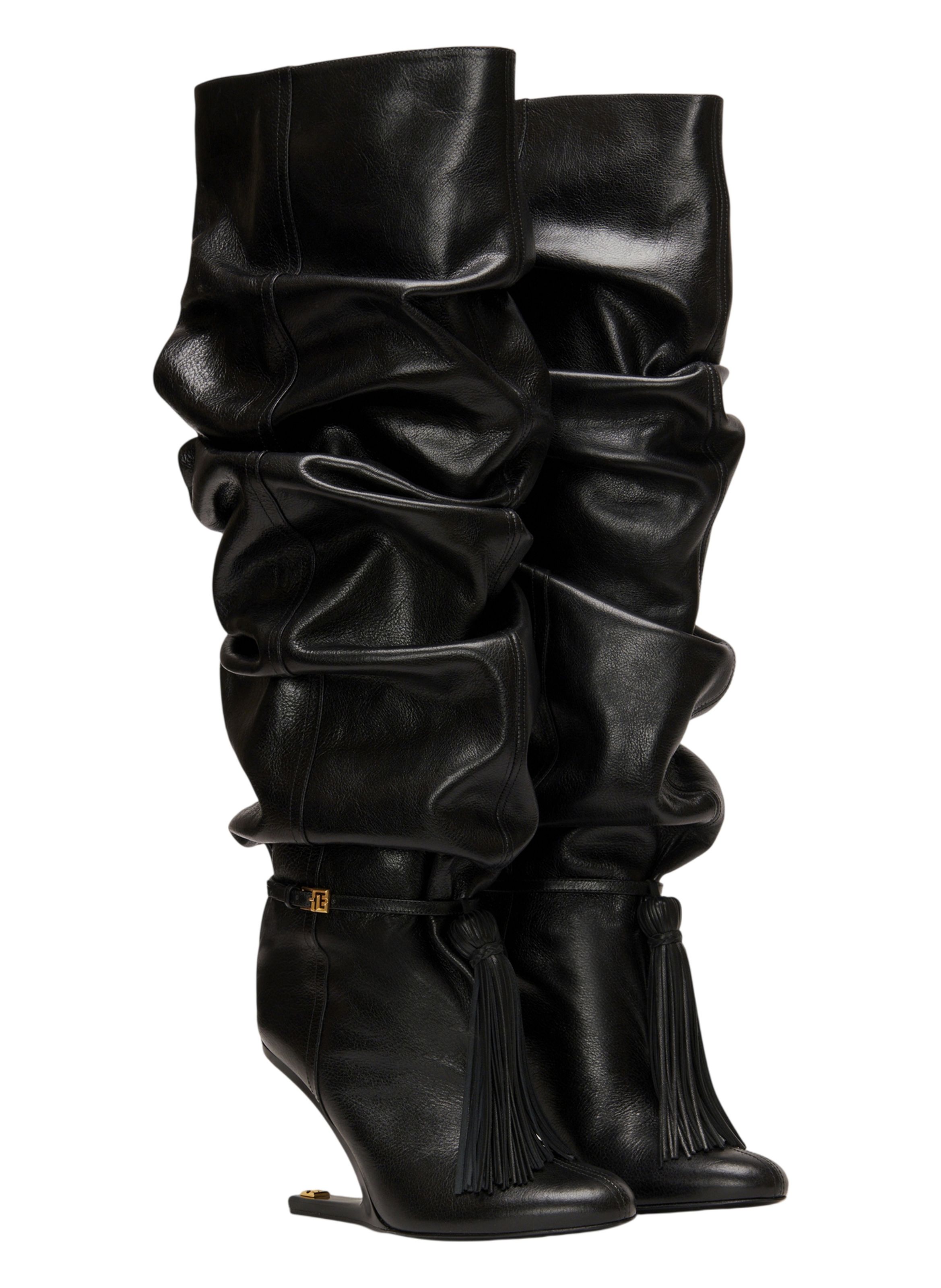 Cuissardes no wedge à pompon en cuir texturé BALMAIN Noir