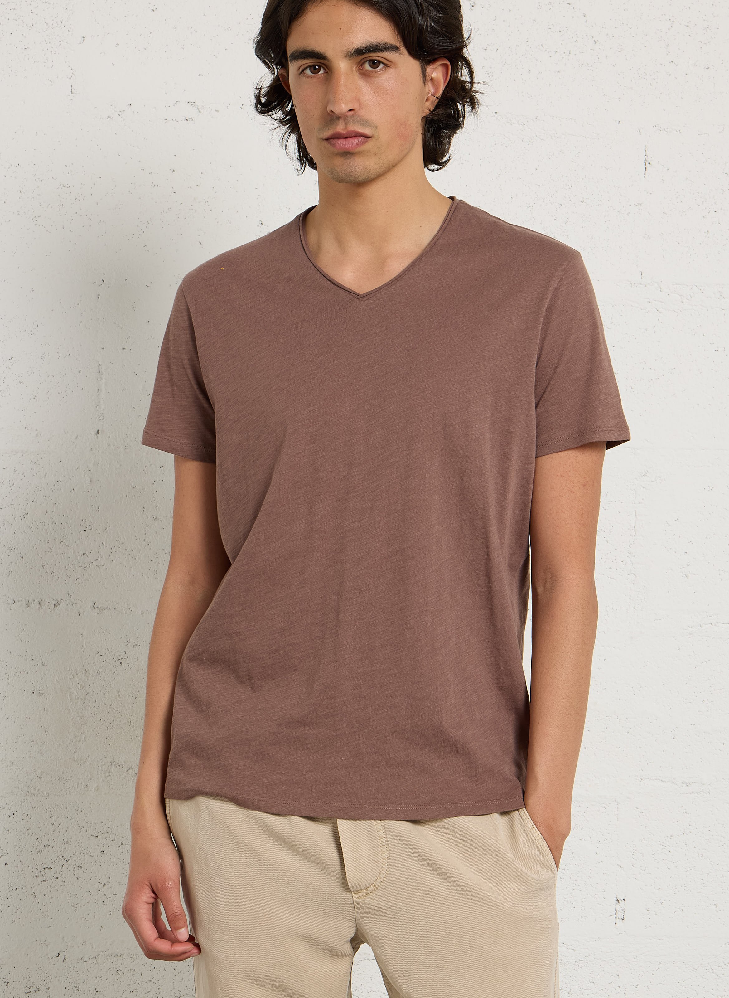 Tee-shirt droit col v en coton IKKS Marron