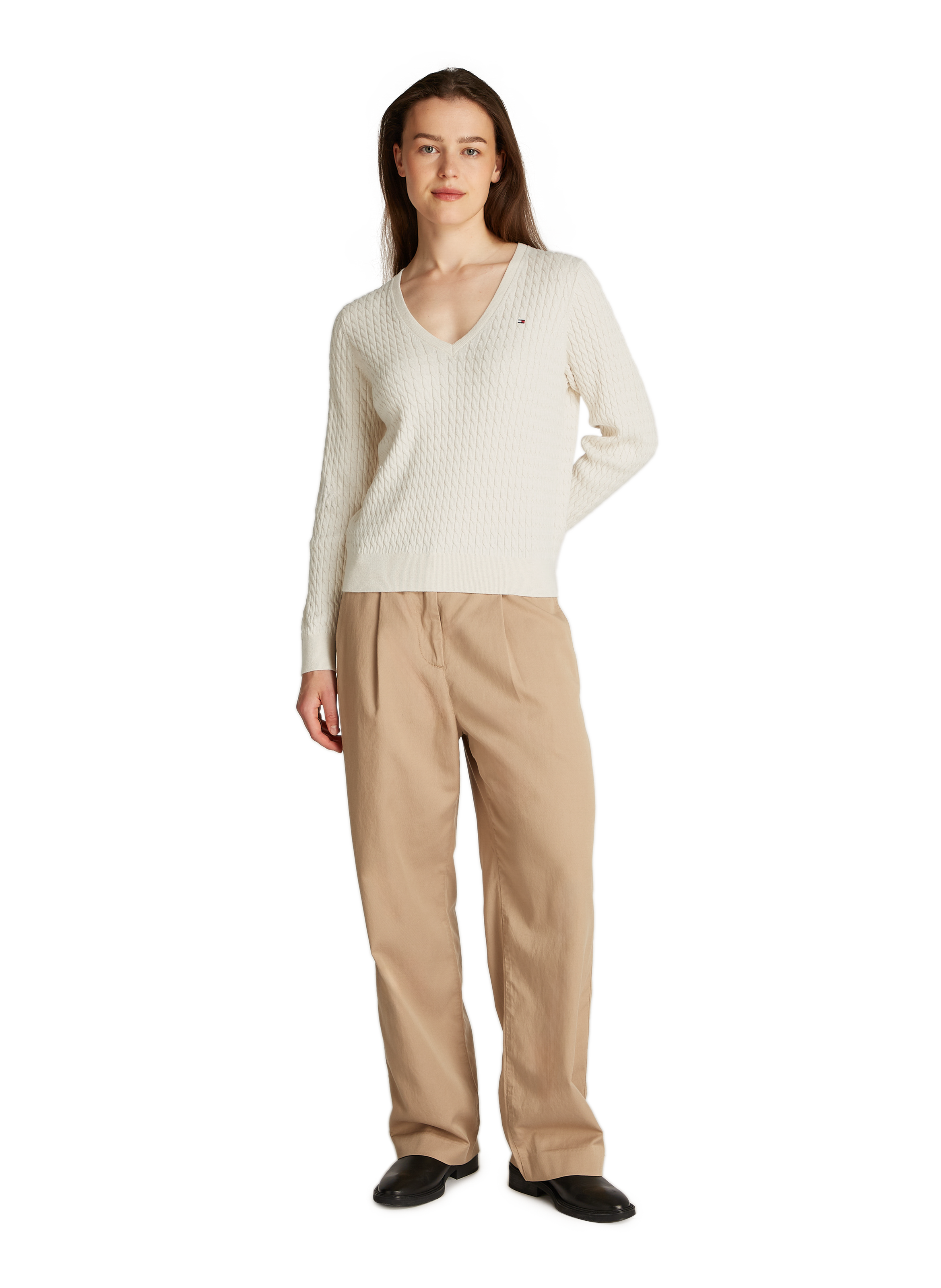 Pull col V en coton TOMMY HILFIGER Beige