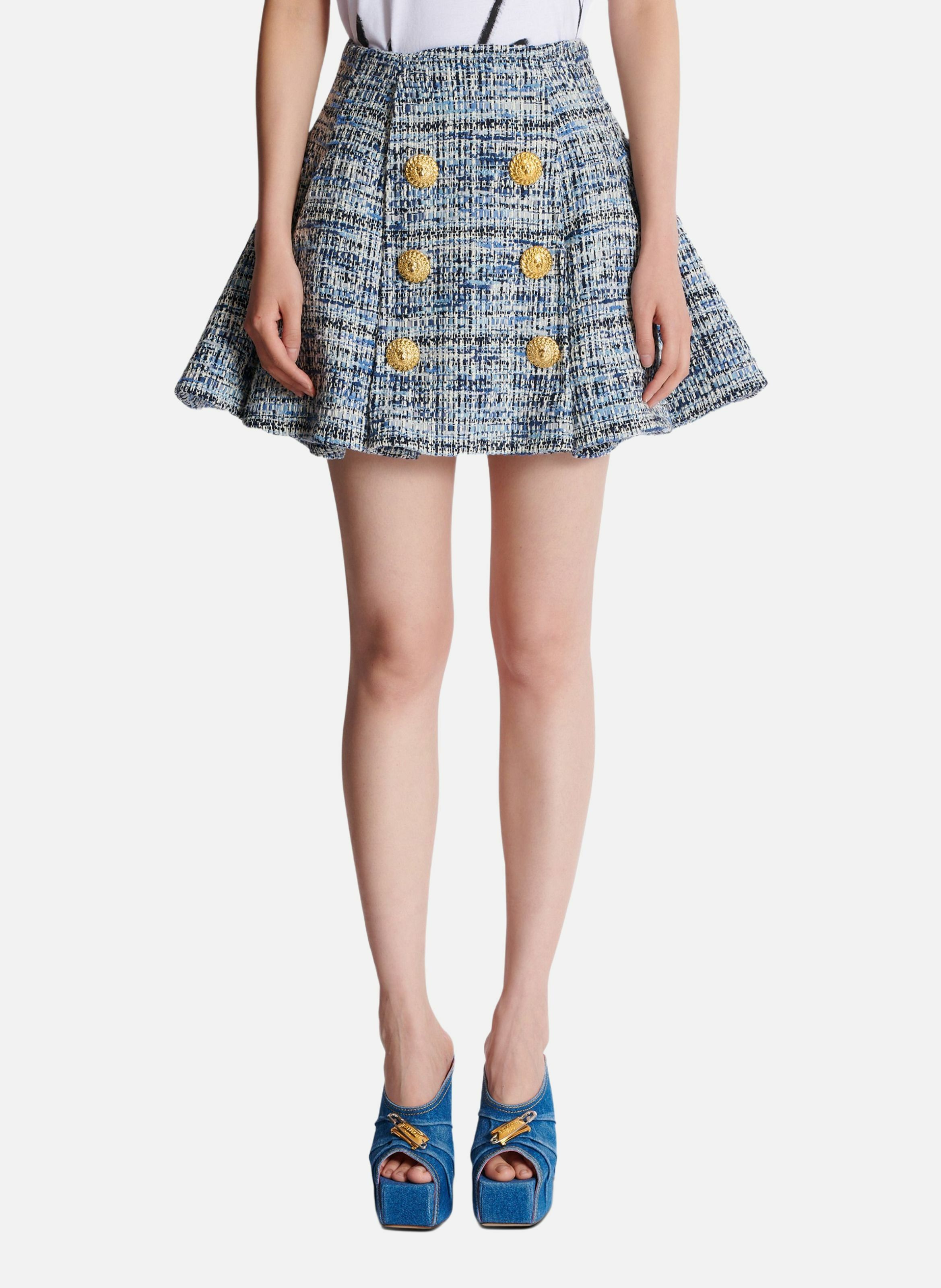 Jupe évasée à plis en tweed BALMAIN Bleu