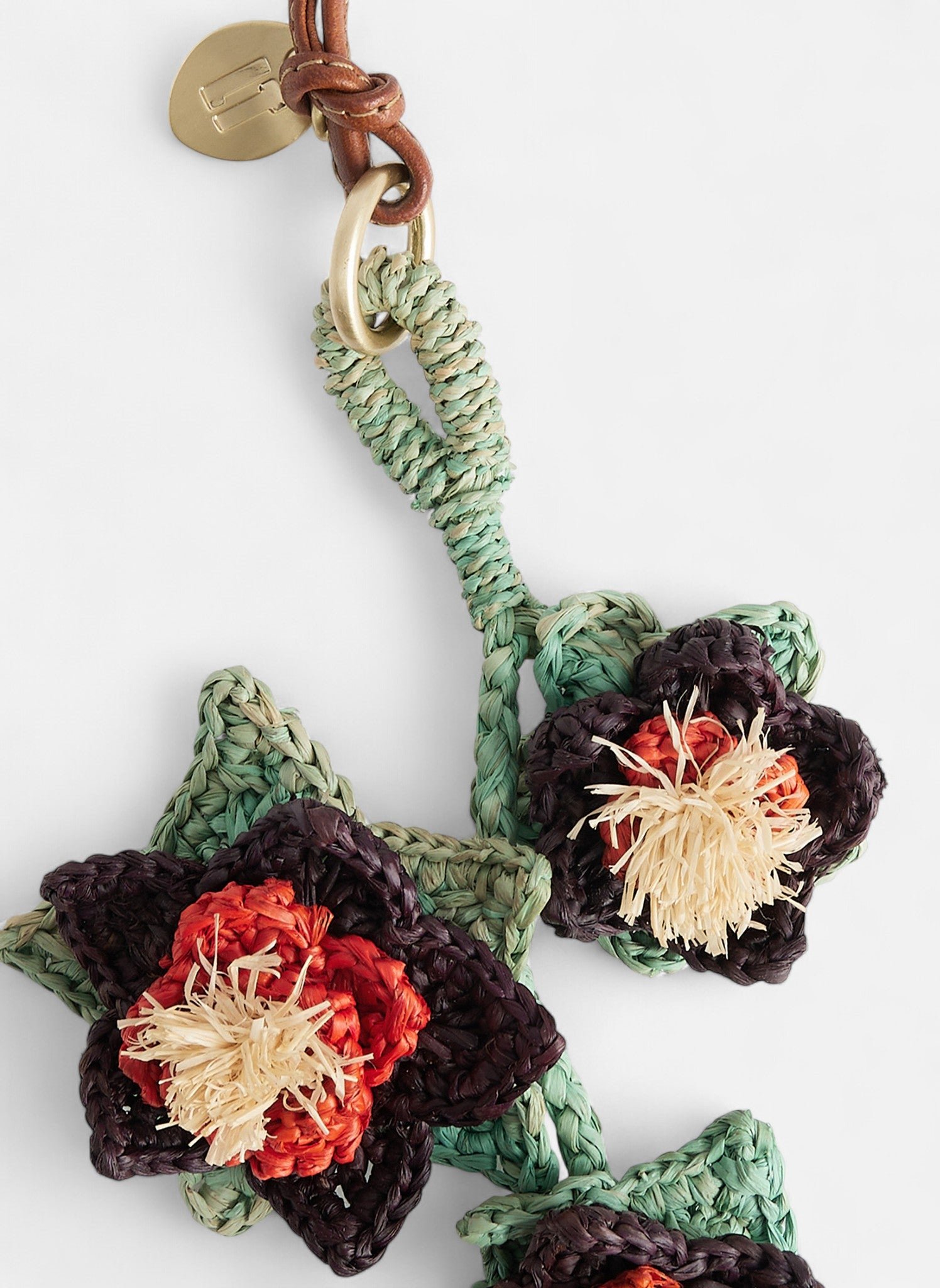 Bijoux de sac fleurs en raphia naturel et cuir lisse végétal LE TANNEUR Orange
