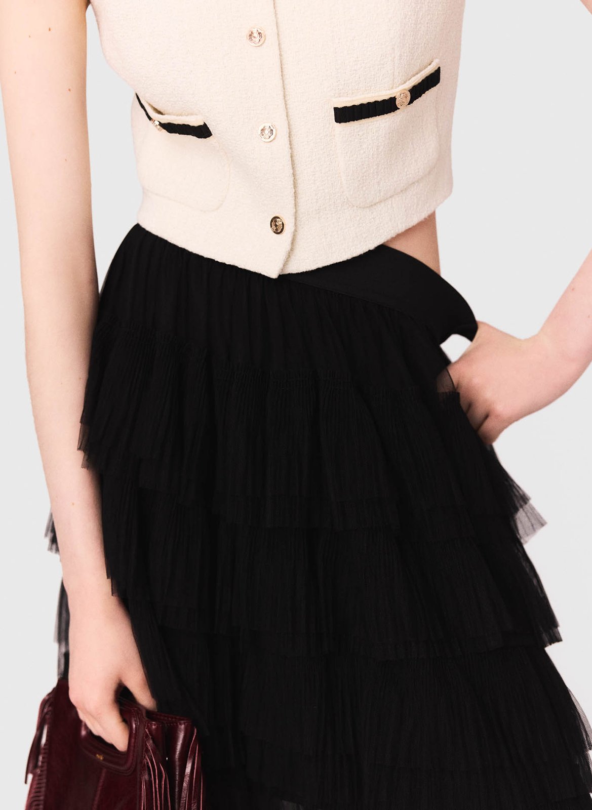 Jupe midi à volants en tulle MAJE Noir