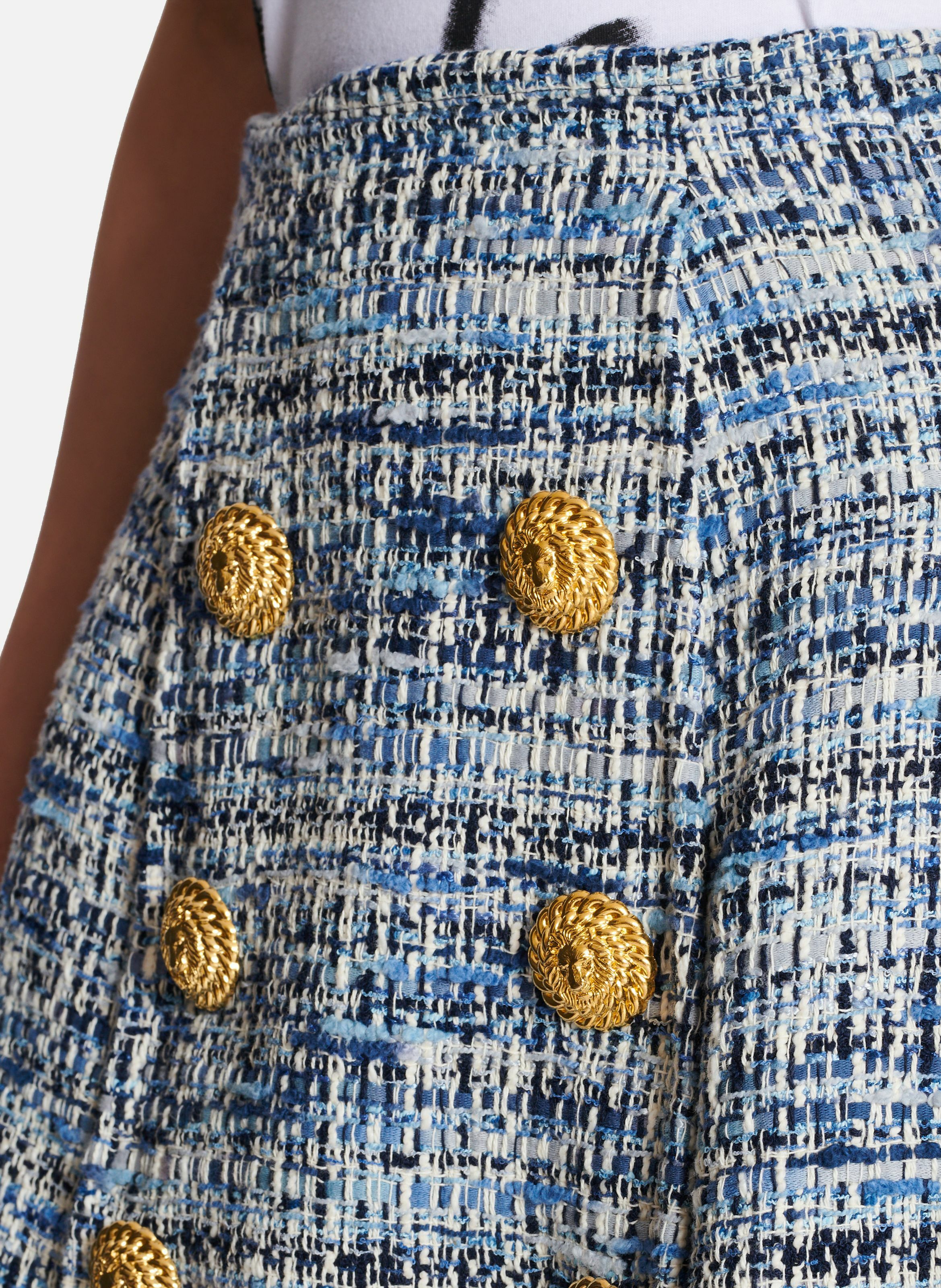 Jupe évasée à plis en tweed BALMAIN Bleu