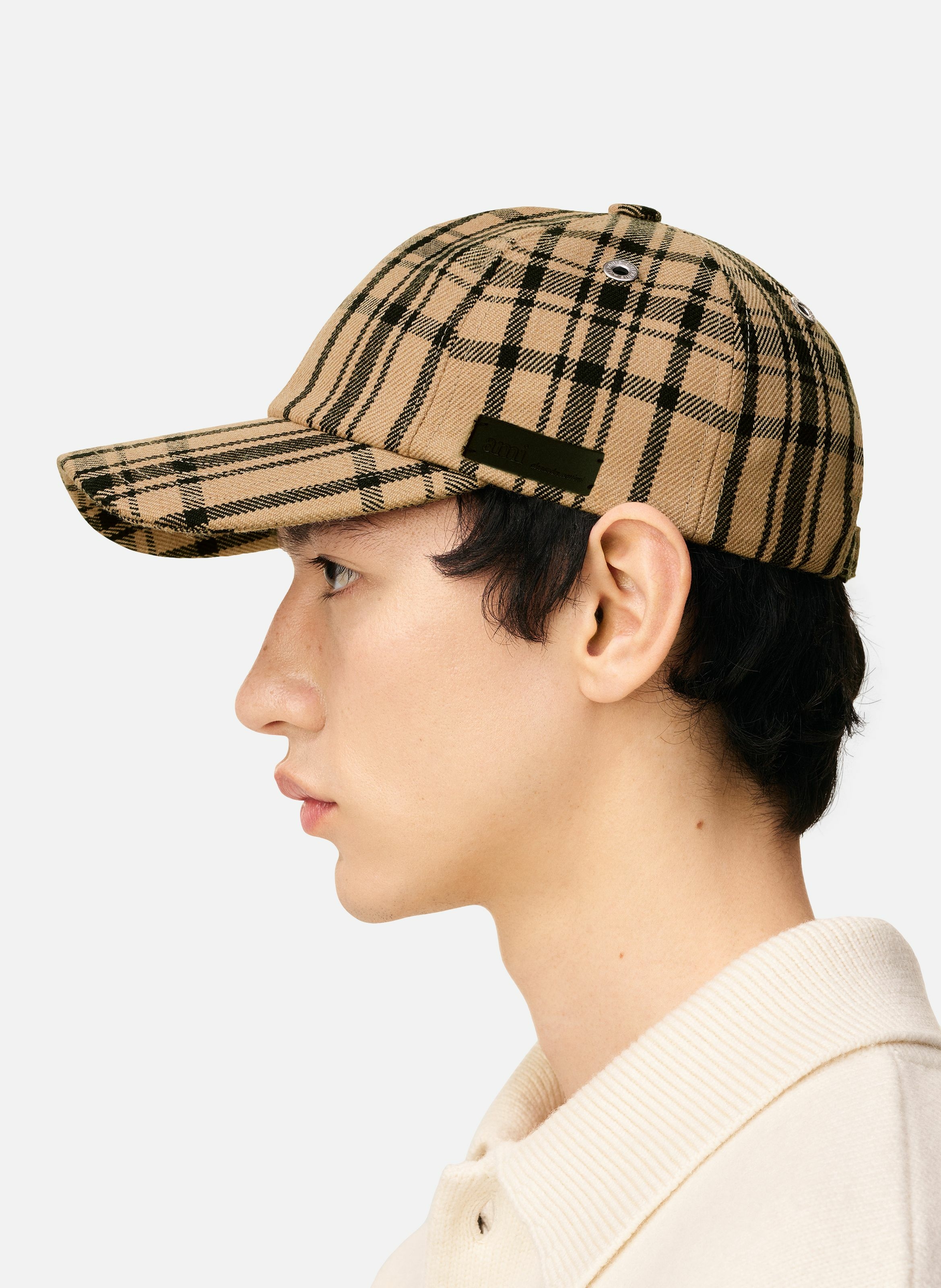 Casquette a carreaux en laine unisexe AMI PARIS Marron