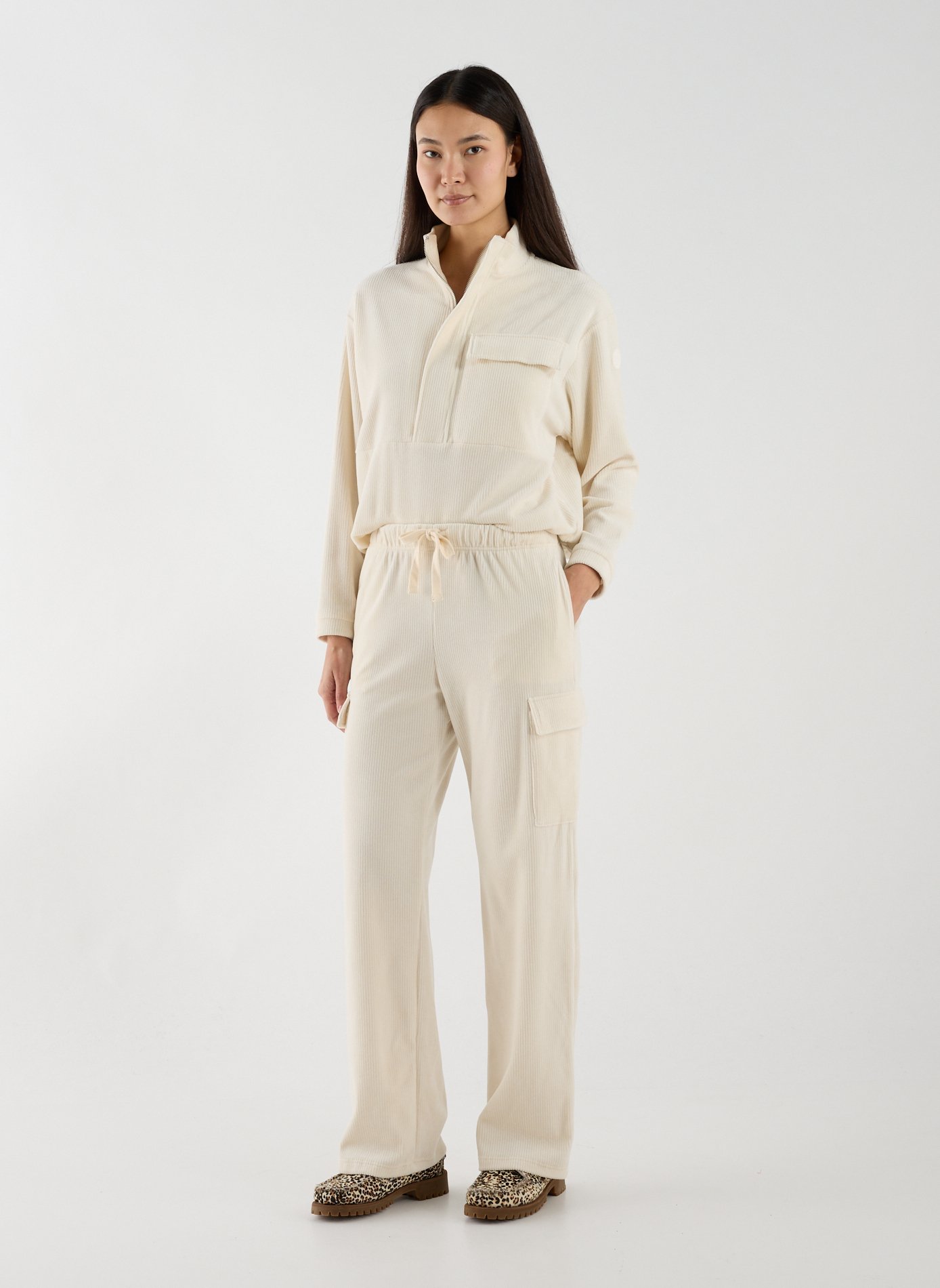 Ribbed velvet sweatshirt with zip collar in cotton blend BANANA MOON Beige