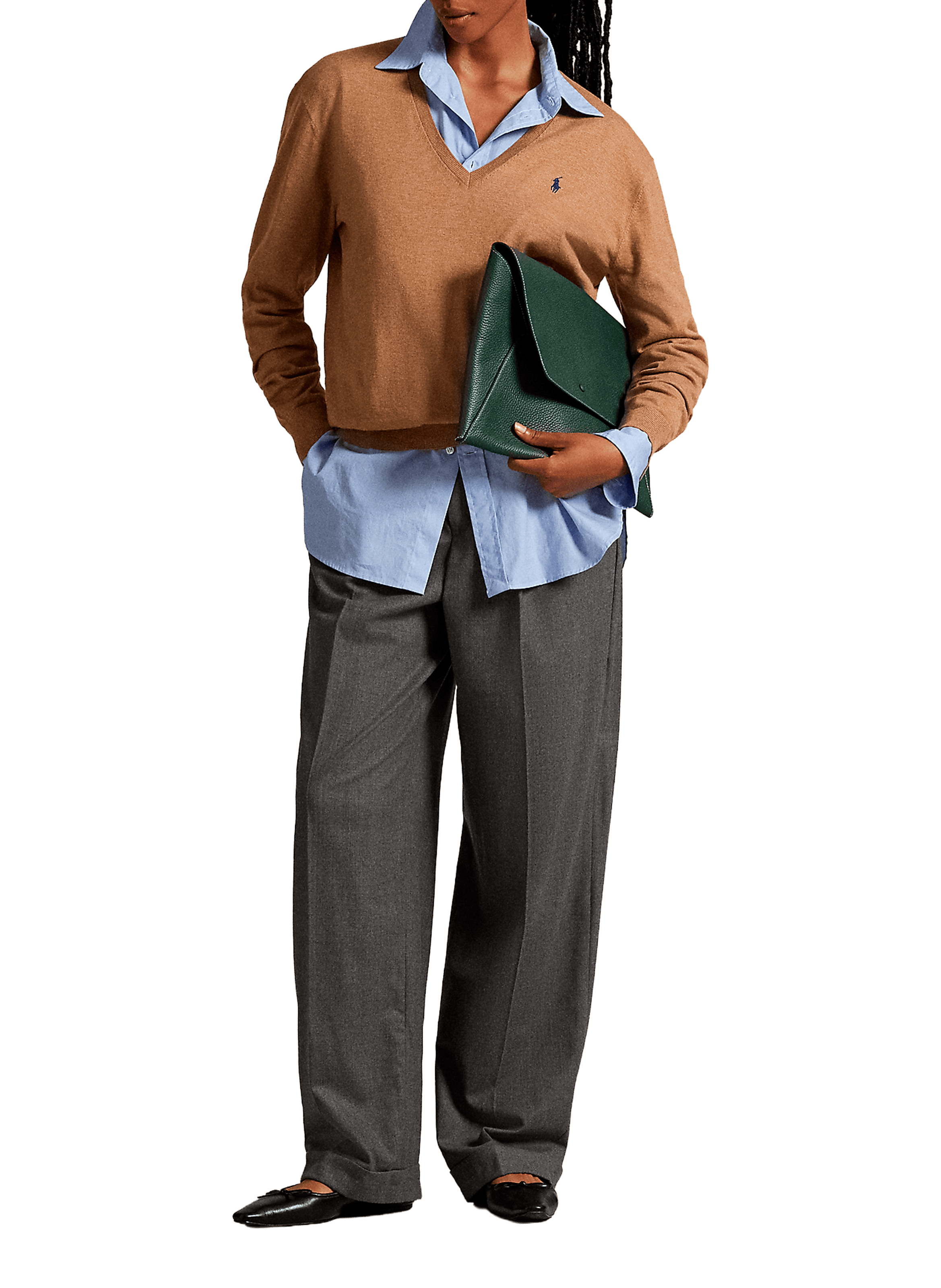 Pull col V en coton POLO RALPH LAUREN Marron