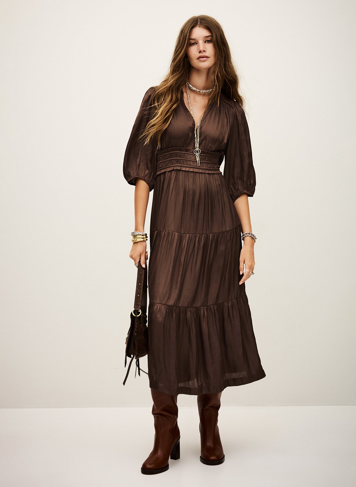 BA&SH Robe longue froncée col tunisien en satin cleli Marron