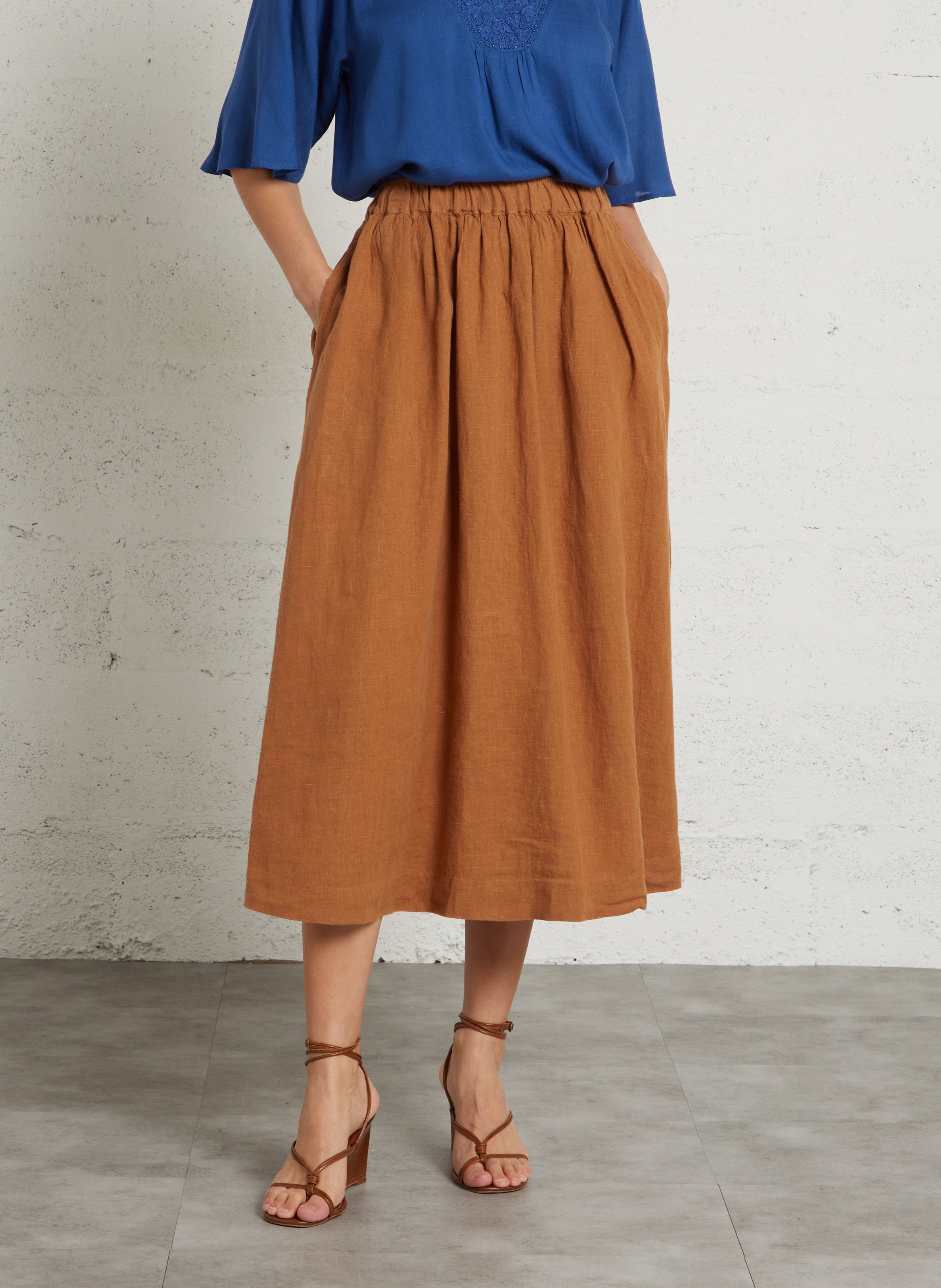 Jupe midi unie en lin brune MAISON 123 Marron