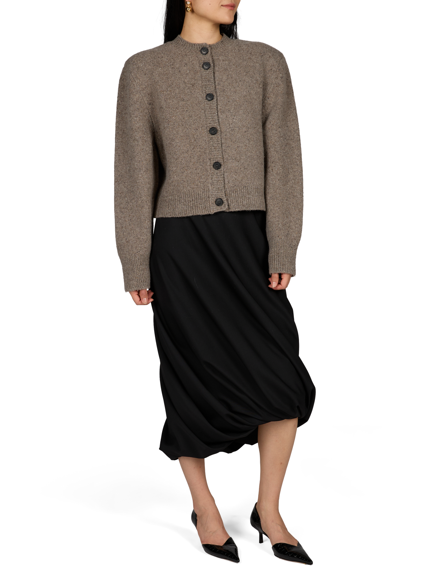 Rundhalsausschnitt-Strickjacke mit strukturierten Schultern aus Wollmischung ROHE FRAMES Grau