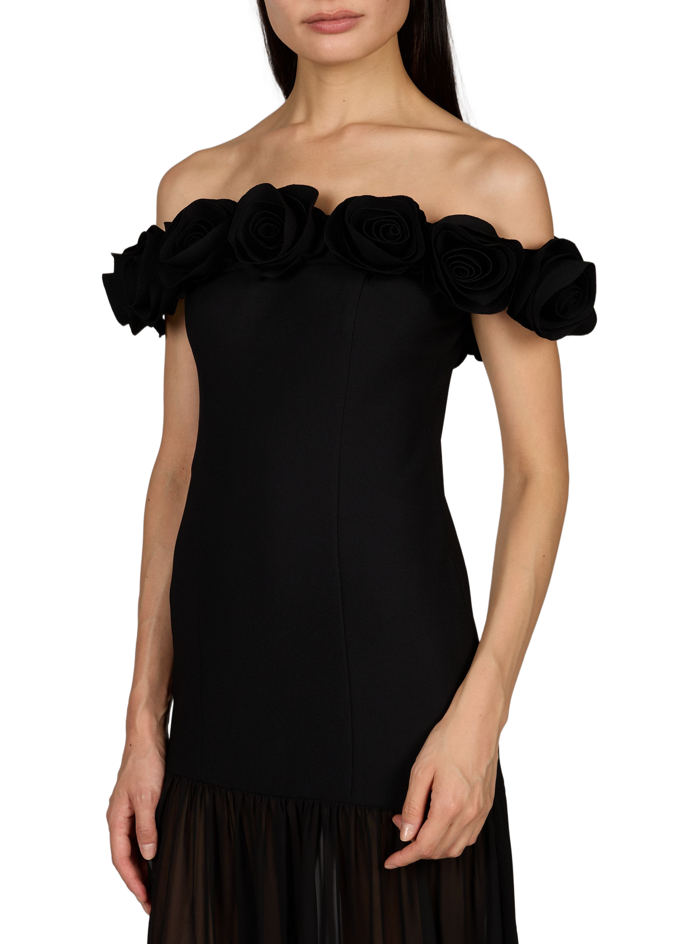 Maxi jurk met blote schouders en bloemen ROTATE Zwart