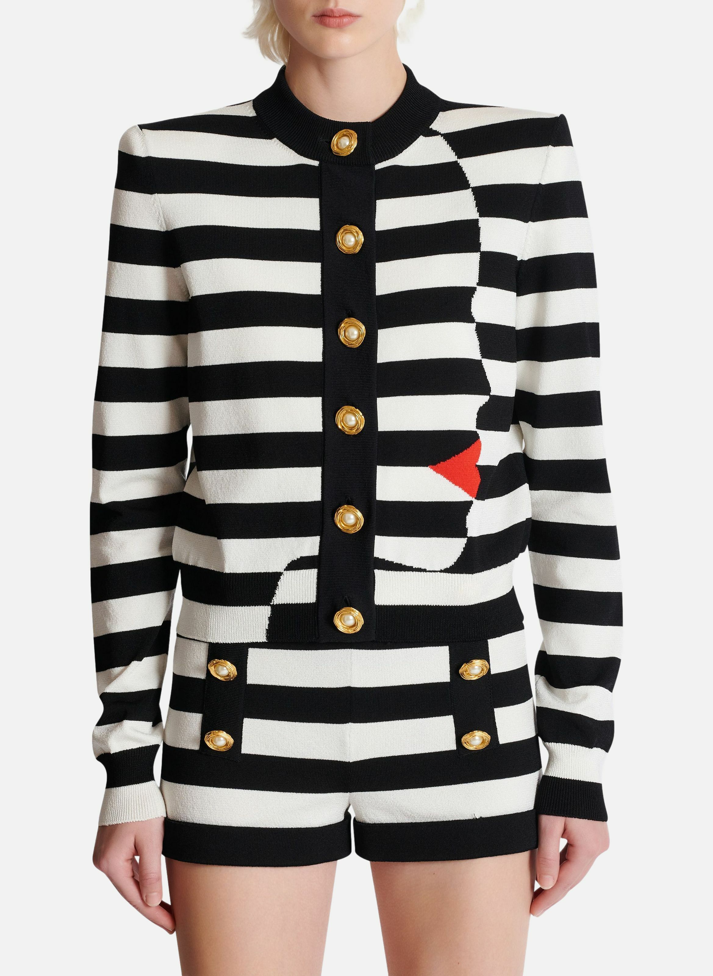 Cardigan en maille motif face marinière BALMAIN Noir