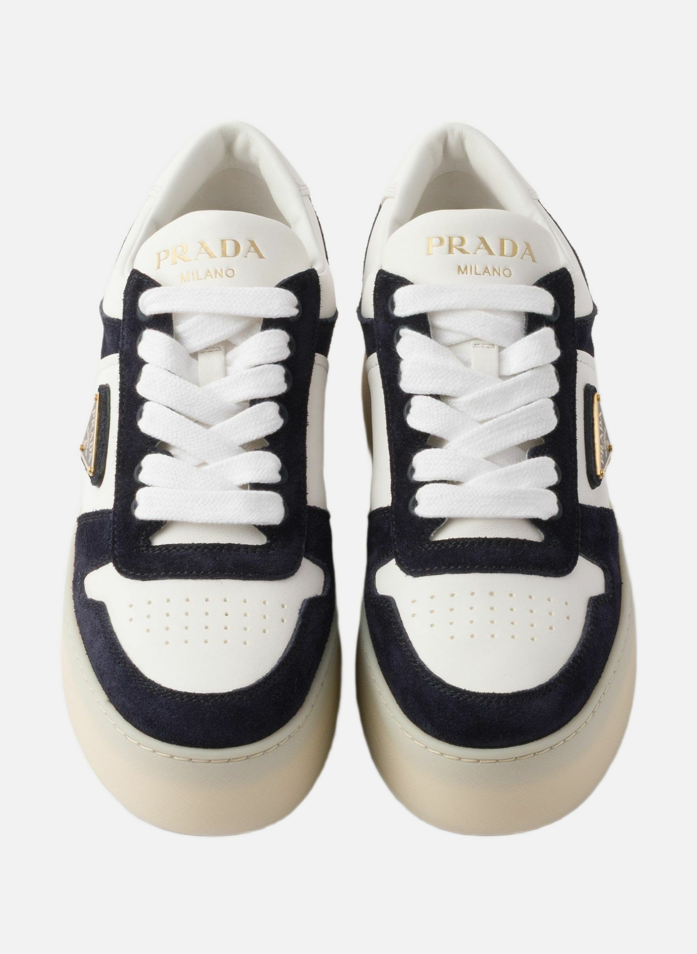 Sneakers downtown bold en cuir nappa et veau velou PRADA Blanc