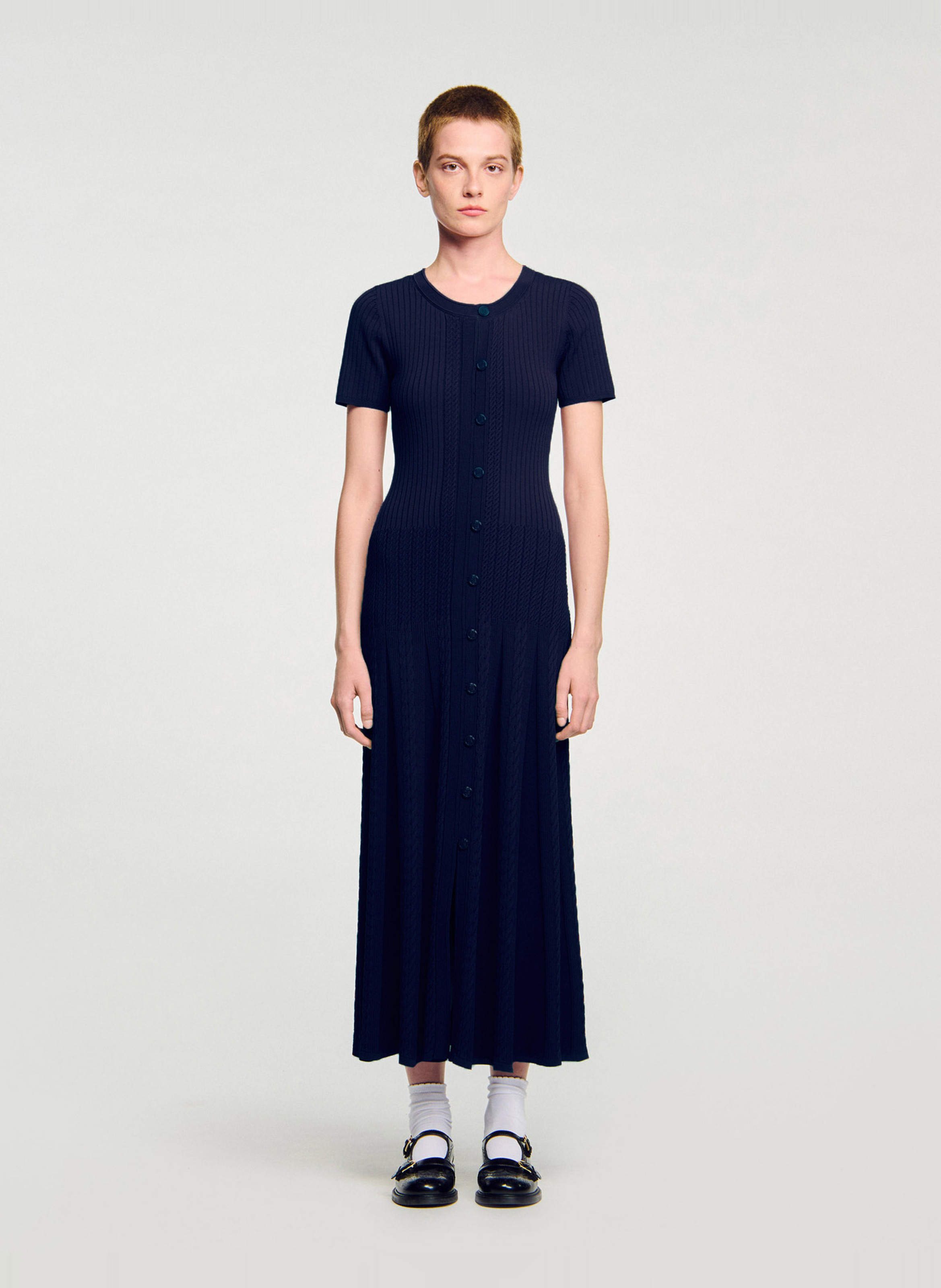 SANDRO Robe longue col rond en maille Bleu
