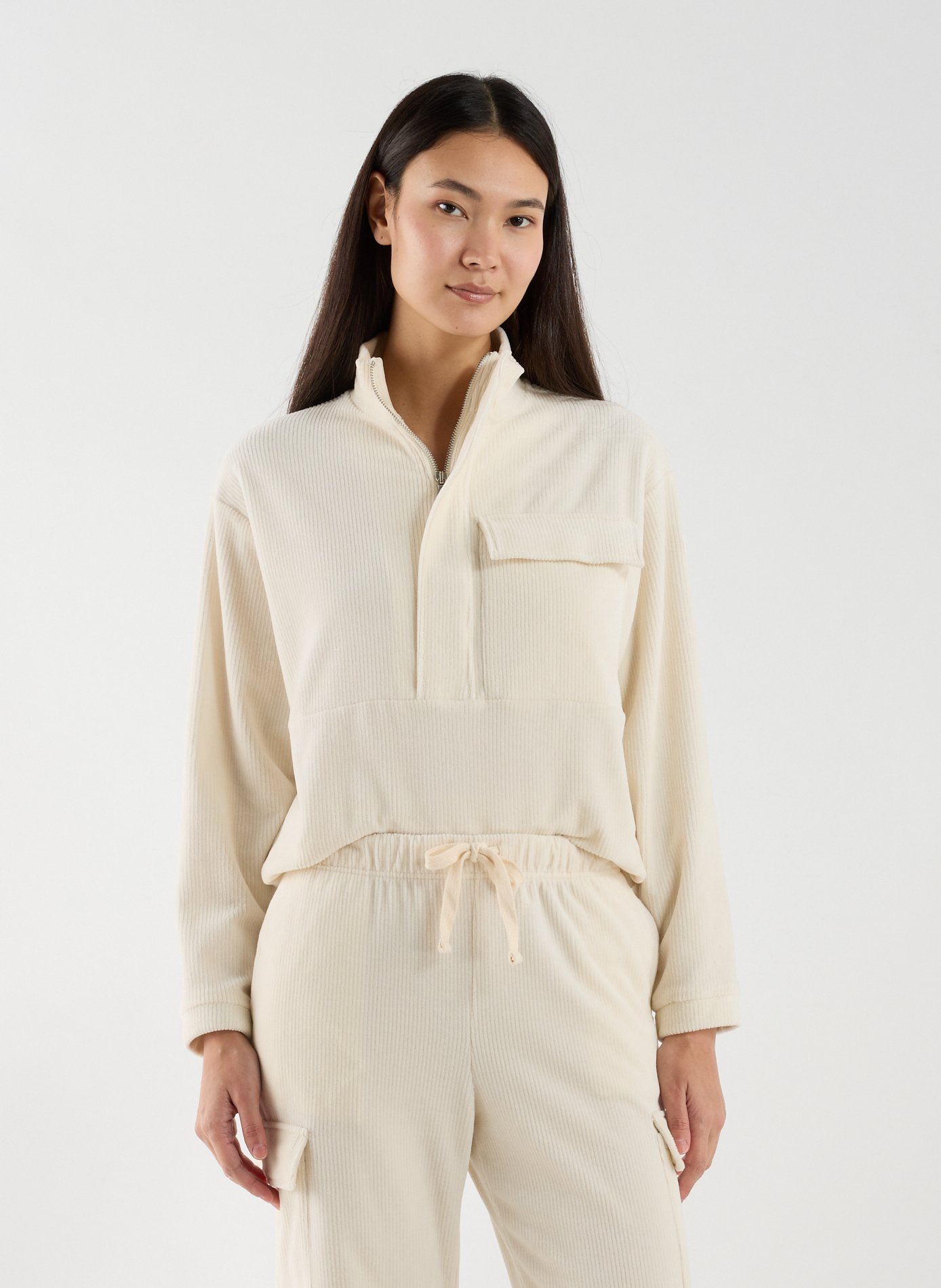 Ribbed velvet sweatshirt with zip collar in cotton blend BANANA MOON Beige