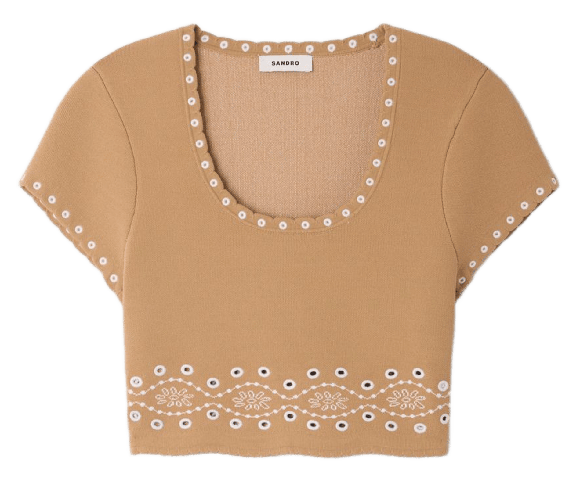 Top court col rond à broderies SANDRO Beige