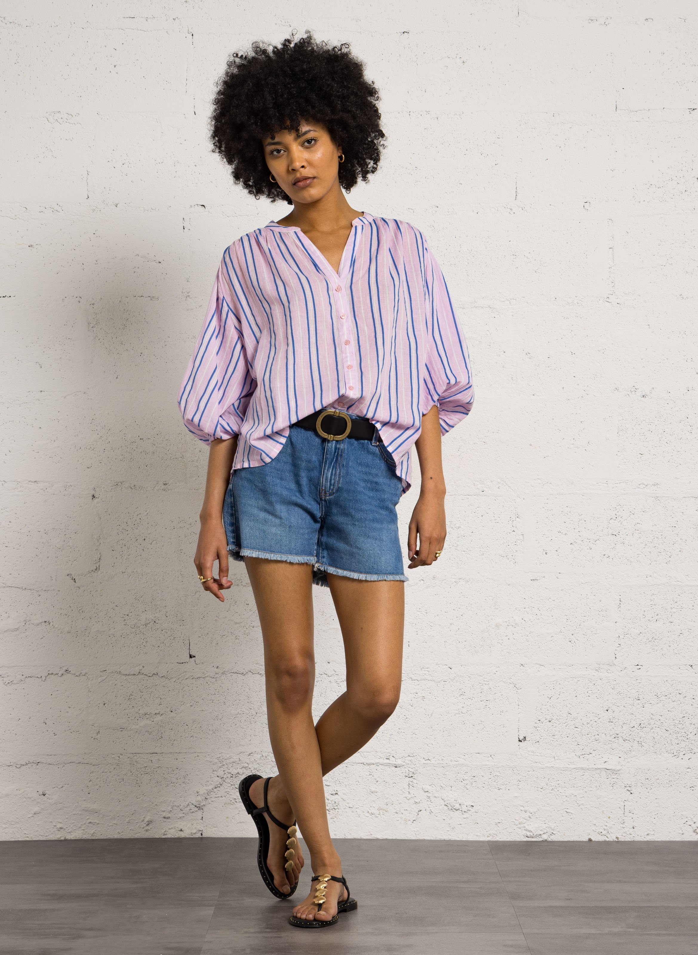 Blouse col tunisien à rayures darina Rose