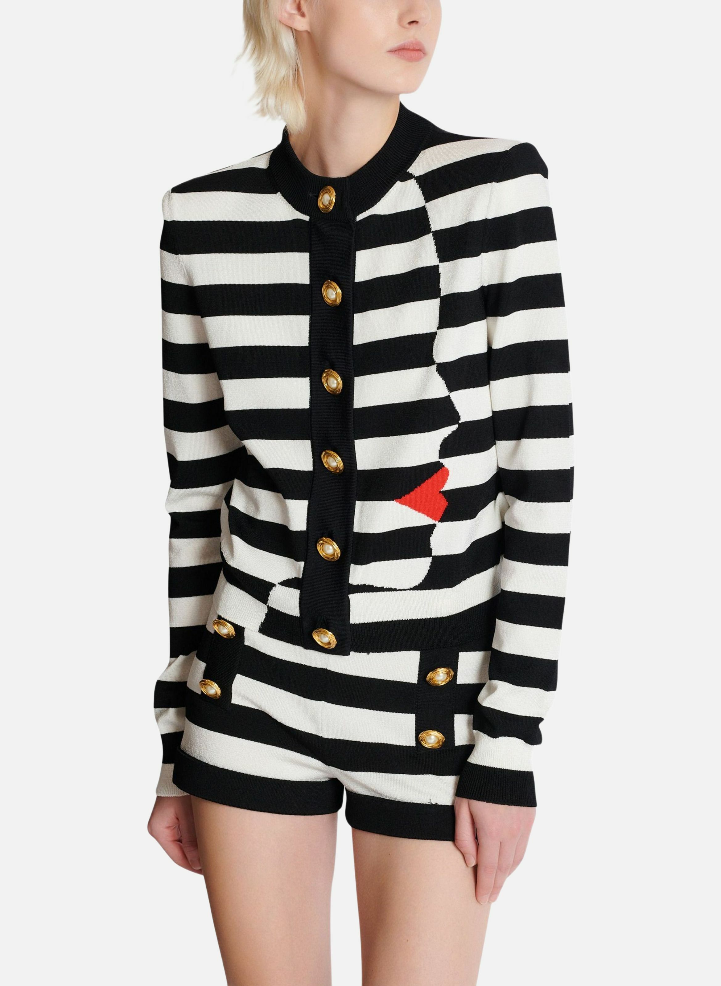 Cardigan en maille motif face marinière BALMAIN Noir