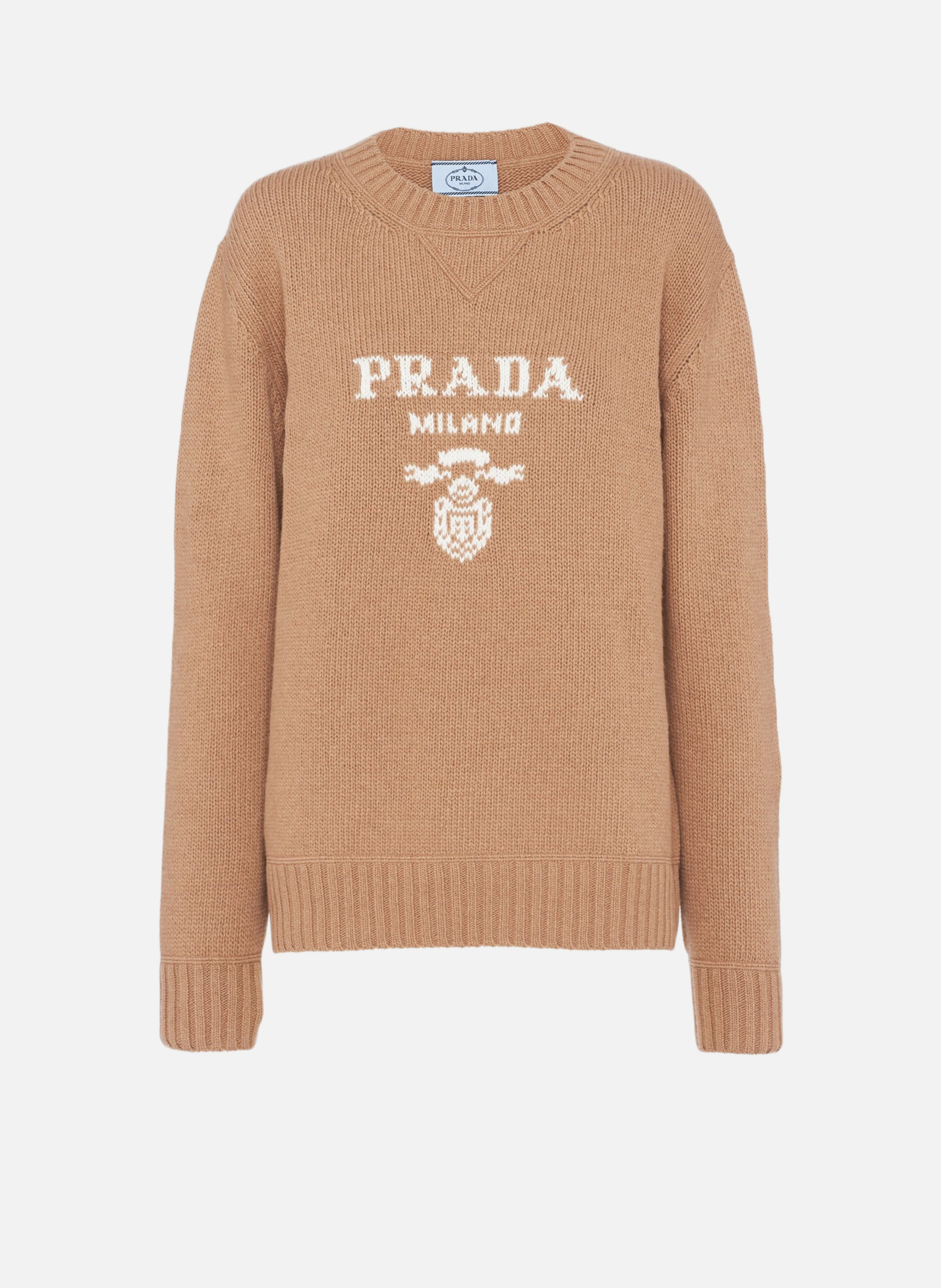 PRADA Pull à col rond et logo en laine, cachemire Marron