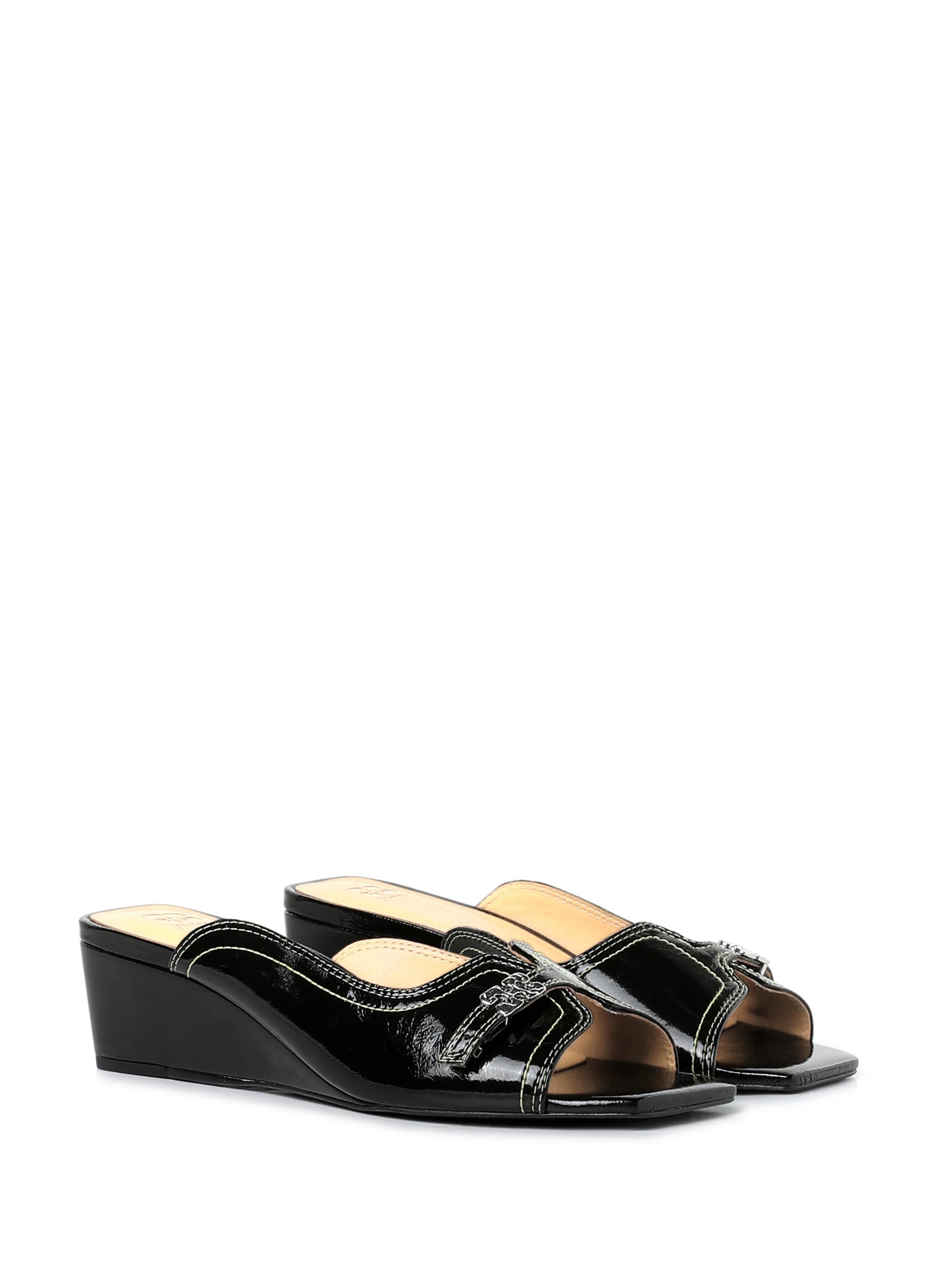 Mules à talon compensé en cuir Naplack GANNI Noir