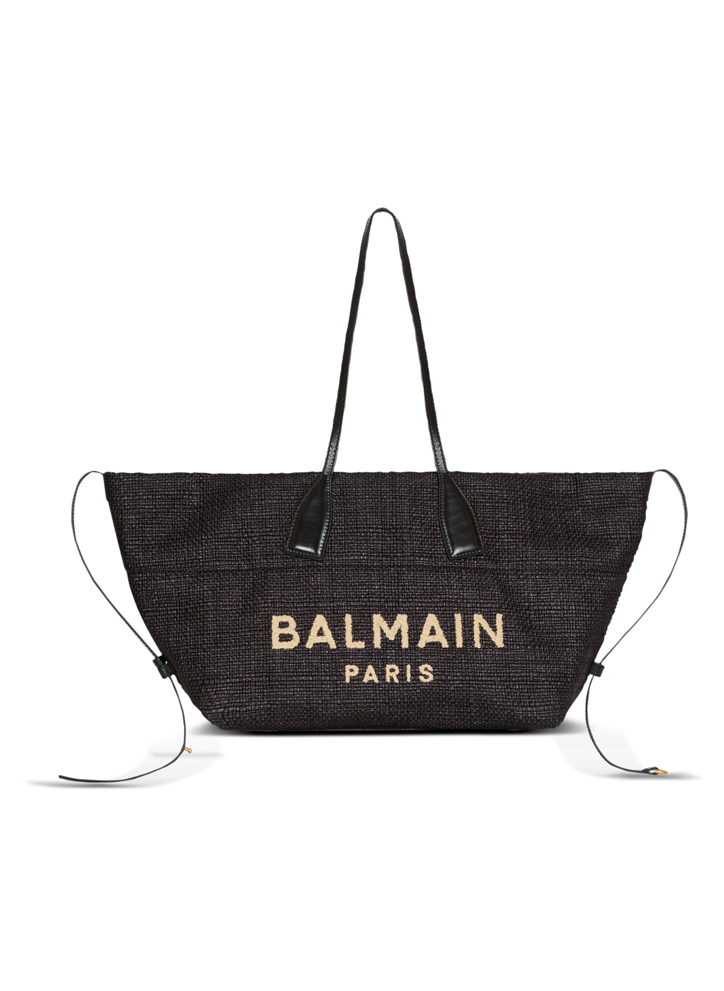 Sac cabas track en cuir de veau et raphia BALMAIN Noir