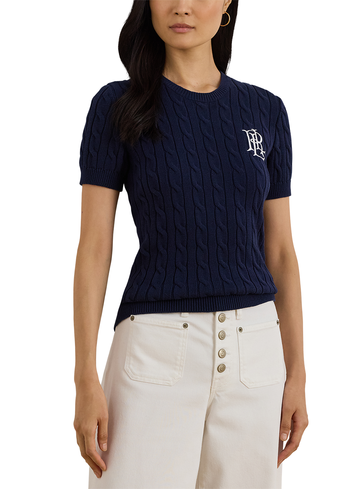 Short-sleeved twisted knit cotton sweater LAUREN Blue