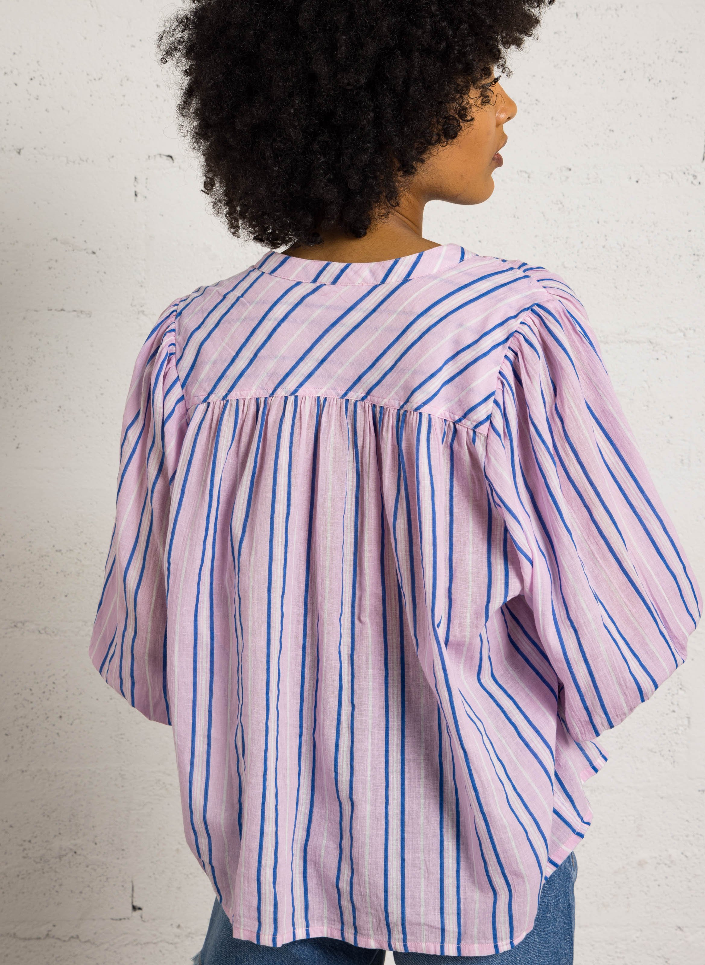 Blouse col tunisien à rayures darina Rose