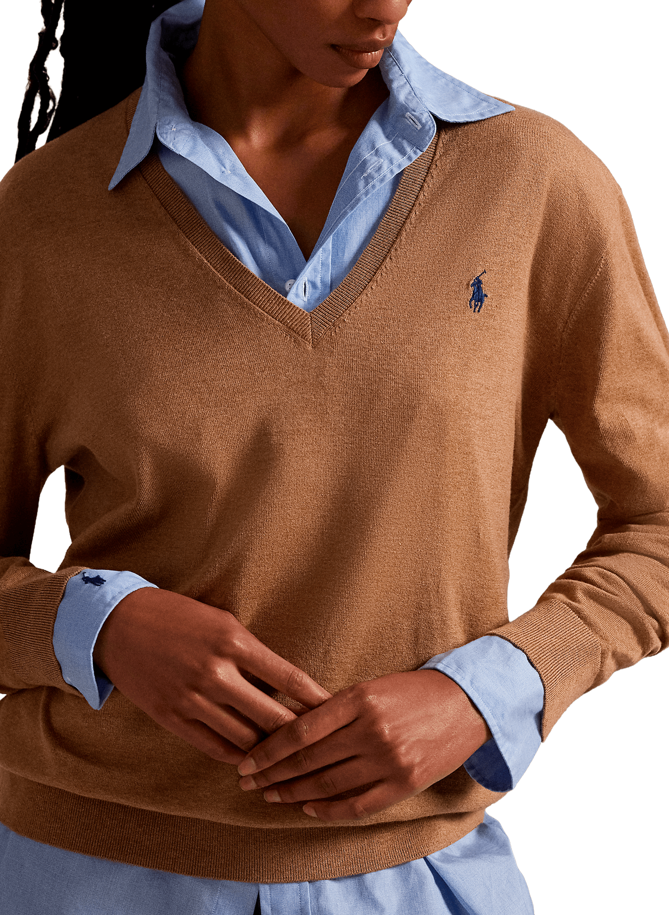 Pull col V en coton POLO RALPH LAUREN Marron