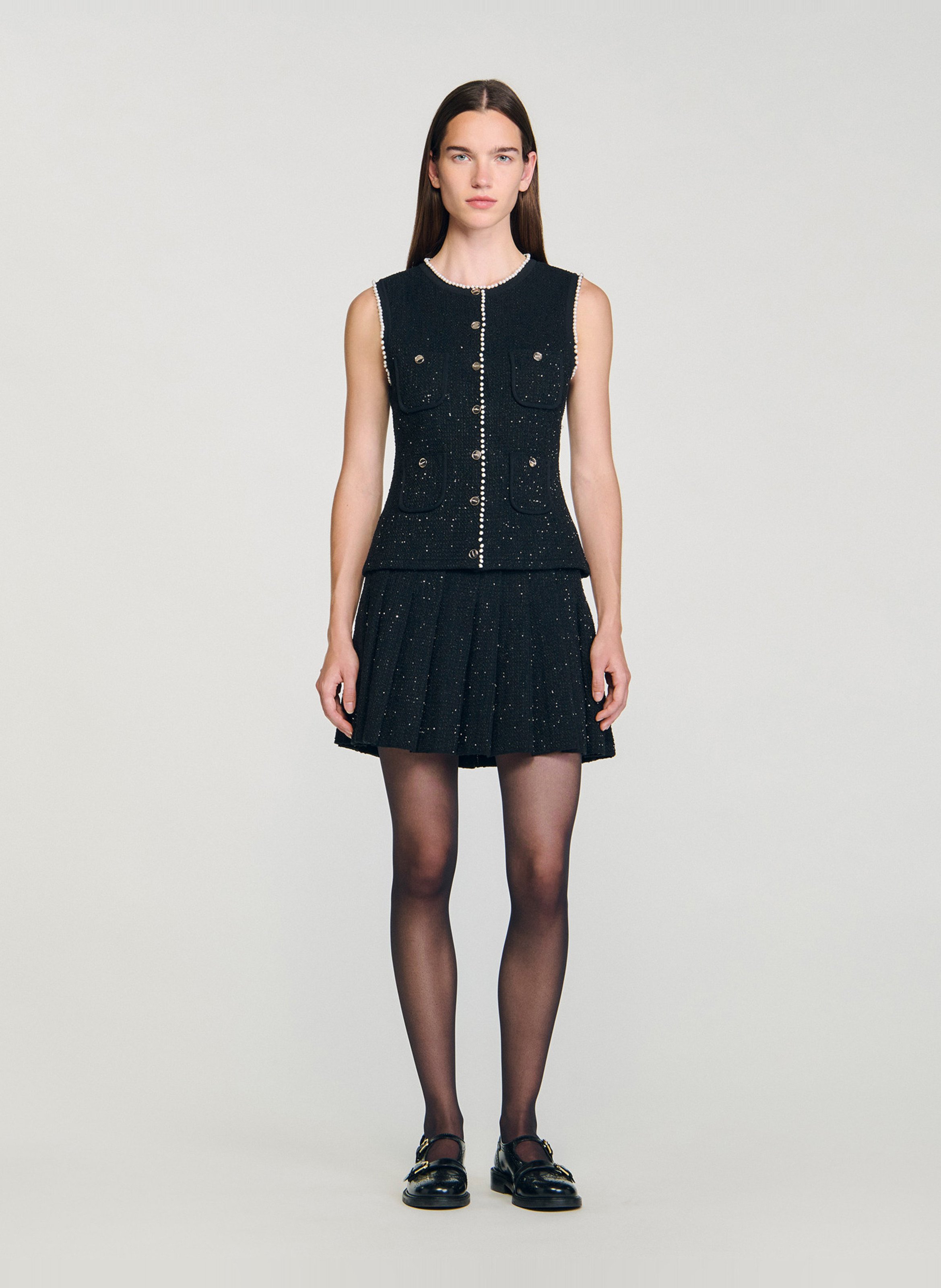 Cardigan boutonné en tweed fantaisie Noir