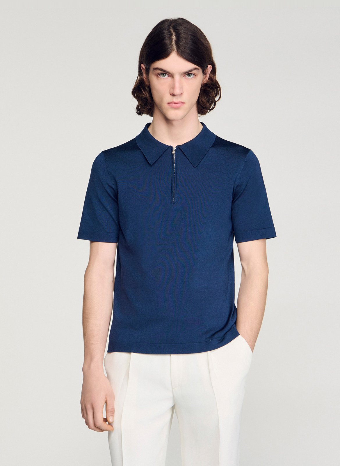 T-shirt manches courtes à col polo zippé SANDRO Bleu