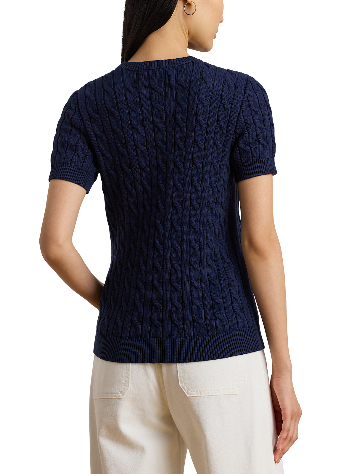 Short-sleeved twisted knit cotton sweater LAUREN Blue
