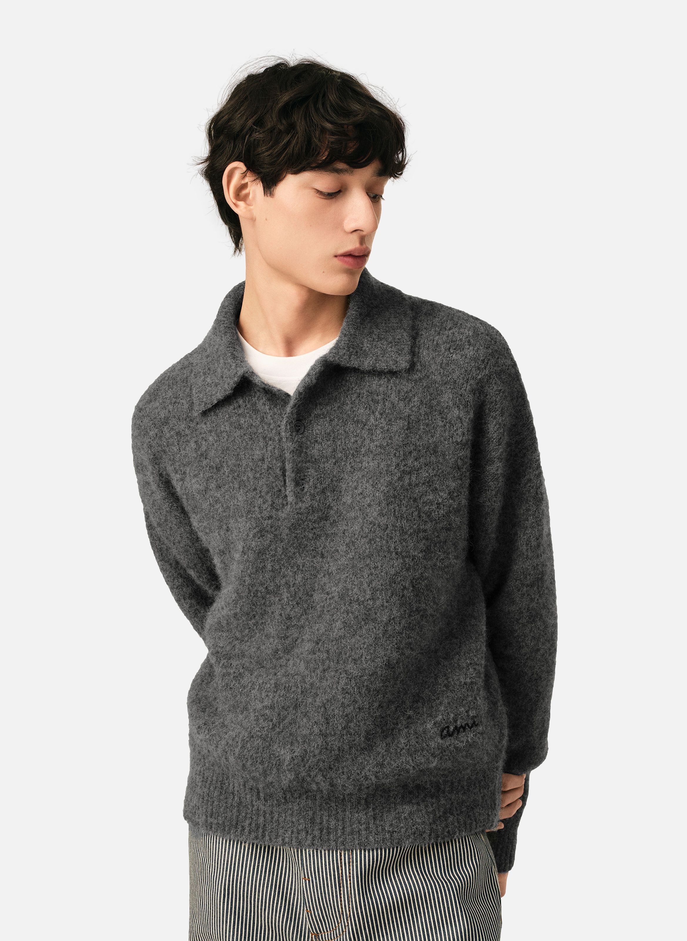 Polo en laine et alpaga broderie ami AMI PARIS Gris