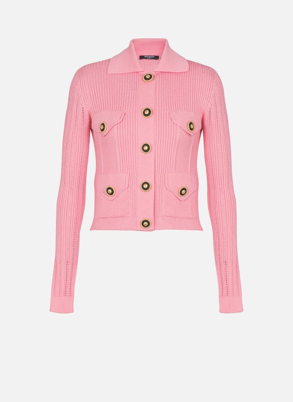 Cardigan court en maille côtelée et ajourée Rose by BALMAIN BALMAIN Cardigan court en maille côtelée et ajourée Rose