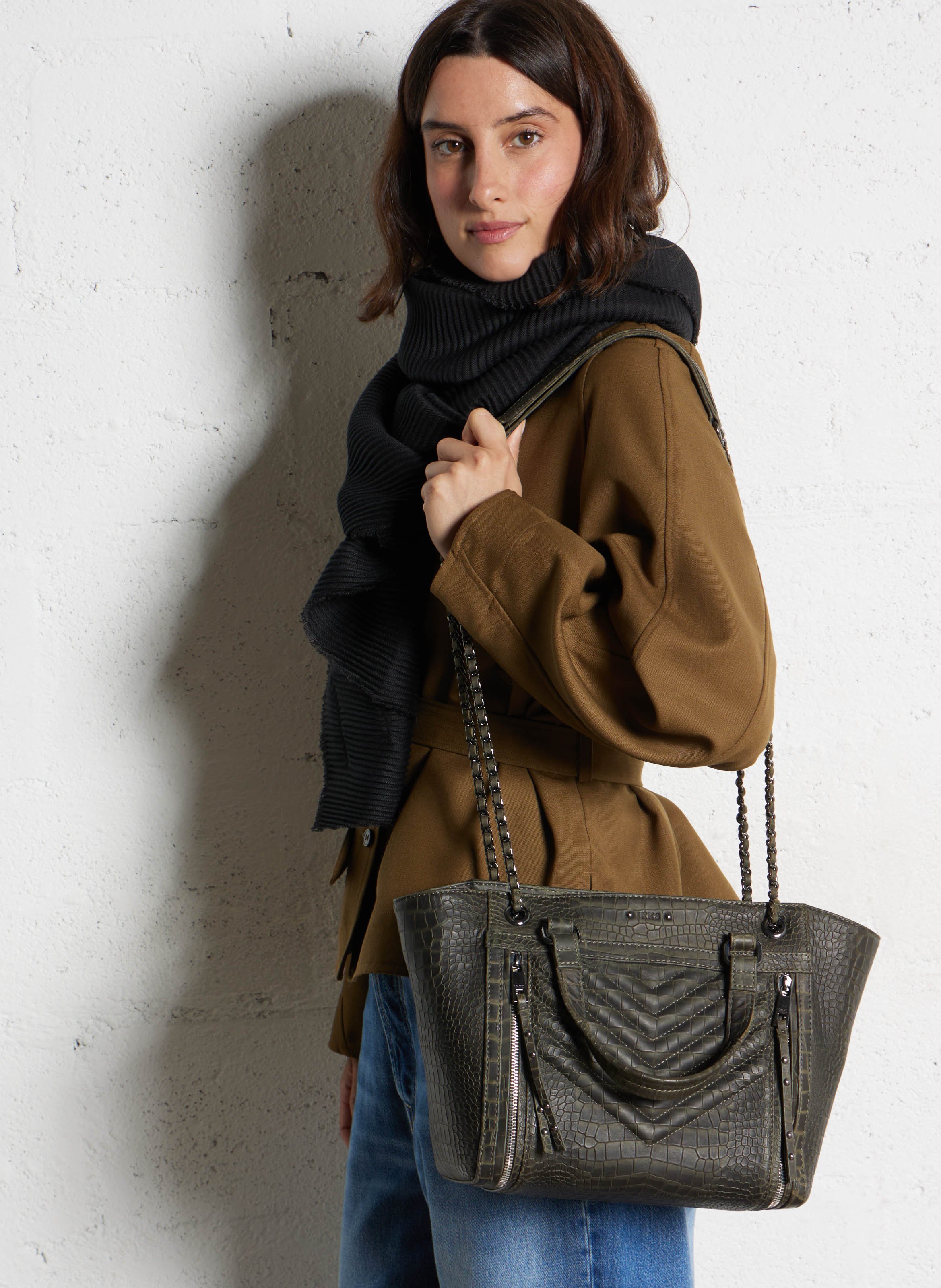 Cabas en cuir embossé effet croco 1440 m IKKS Kaki