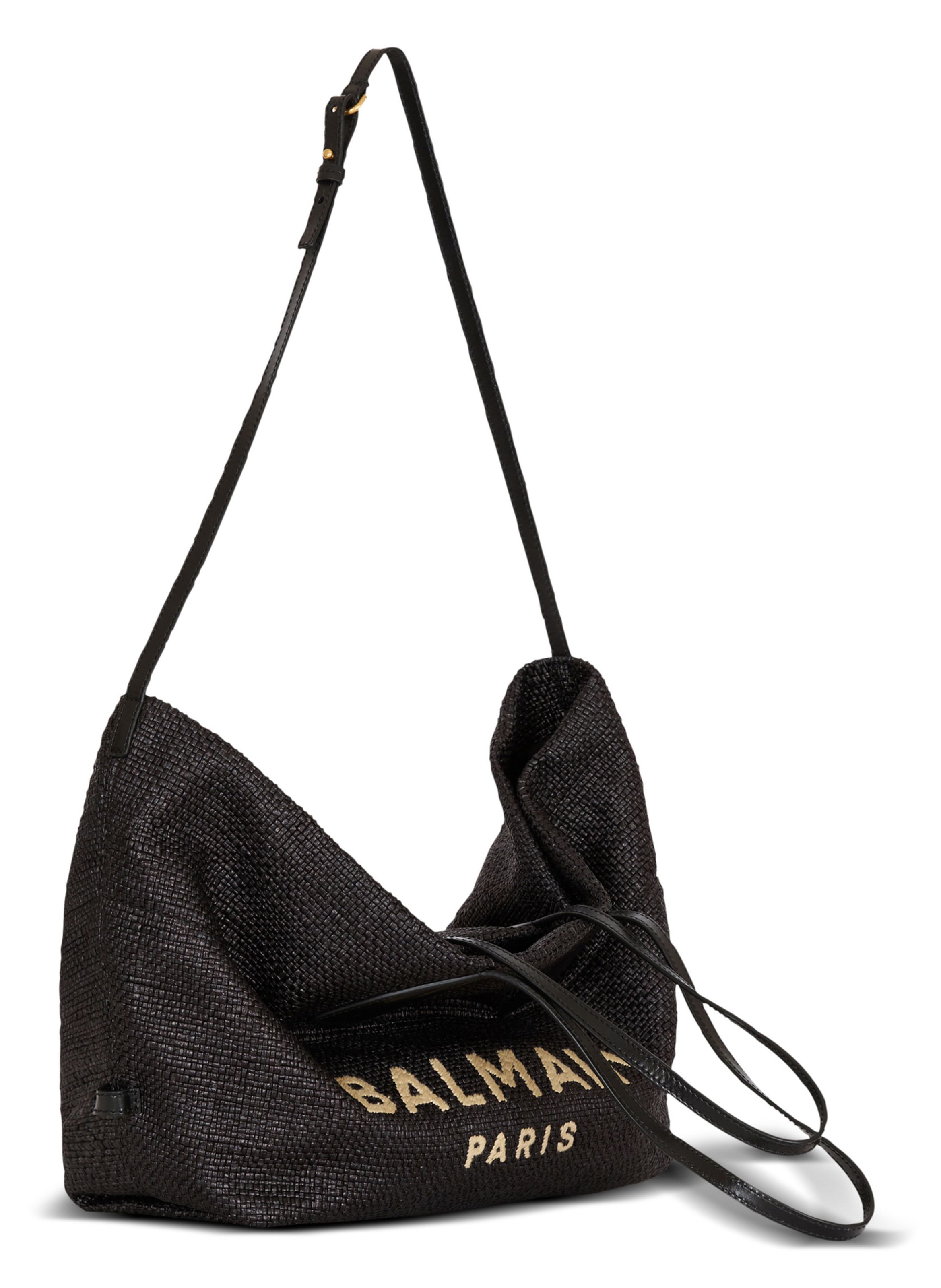 Sac cabas track en cuir de veau et raphia BALMAIN Noir