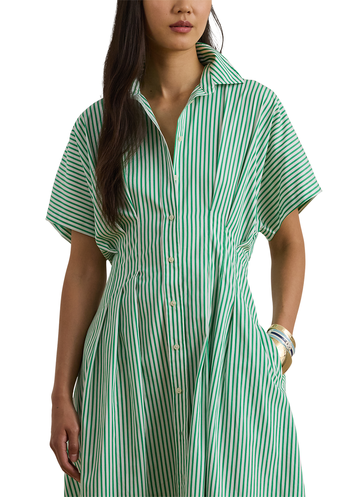 Flared Striped Cotton Dress LAUREN Green