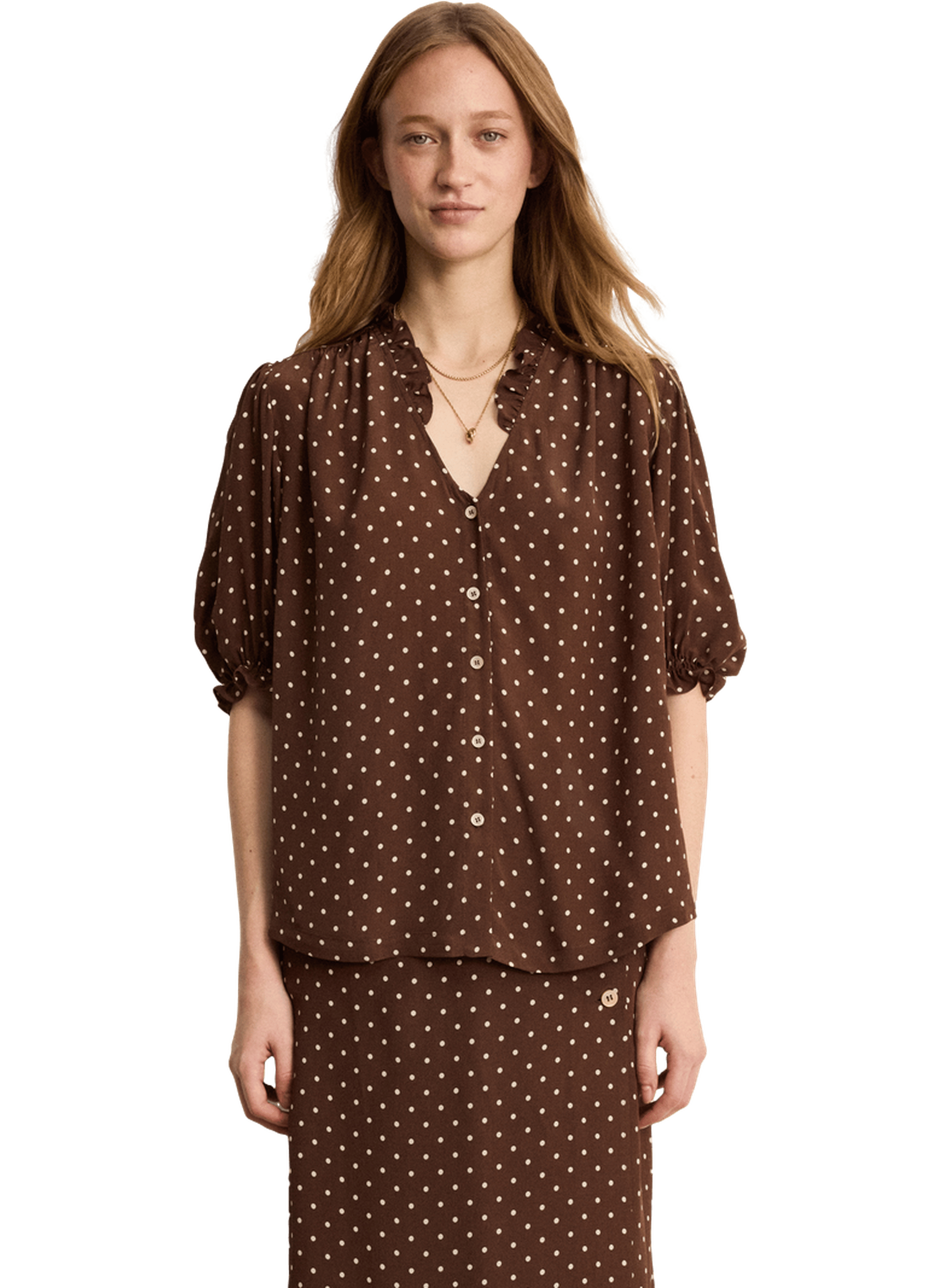 Chemise à pois et volants - caliee PABLO Marron