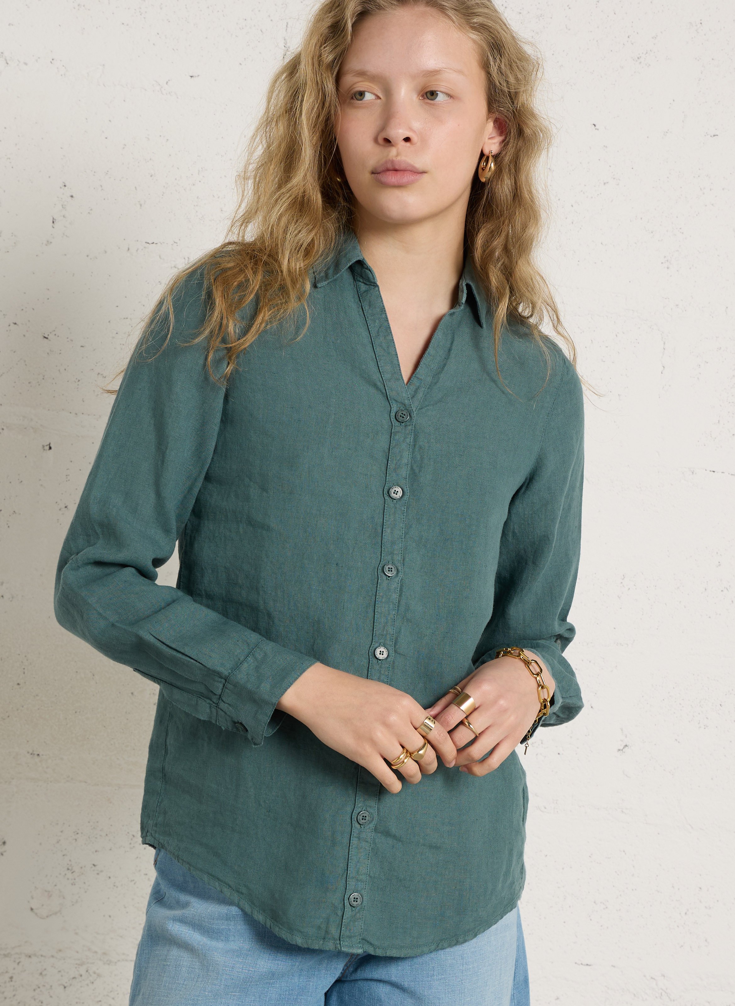 Chemise droite col v en lin ARMOR-LUX Vert