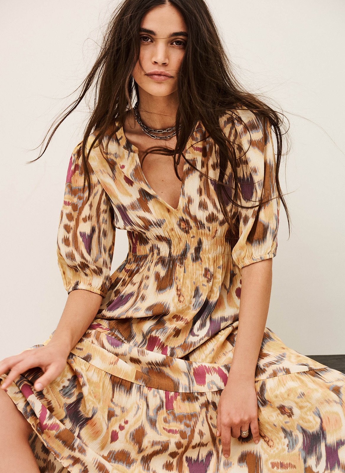 Robe midi col v imprimée madelia BA&SH Jaune