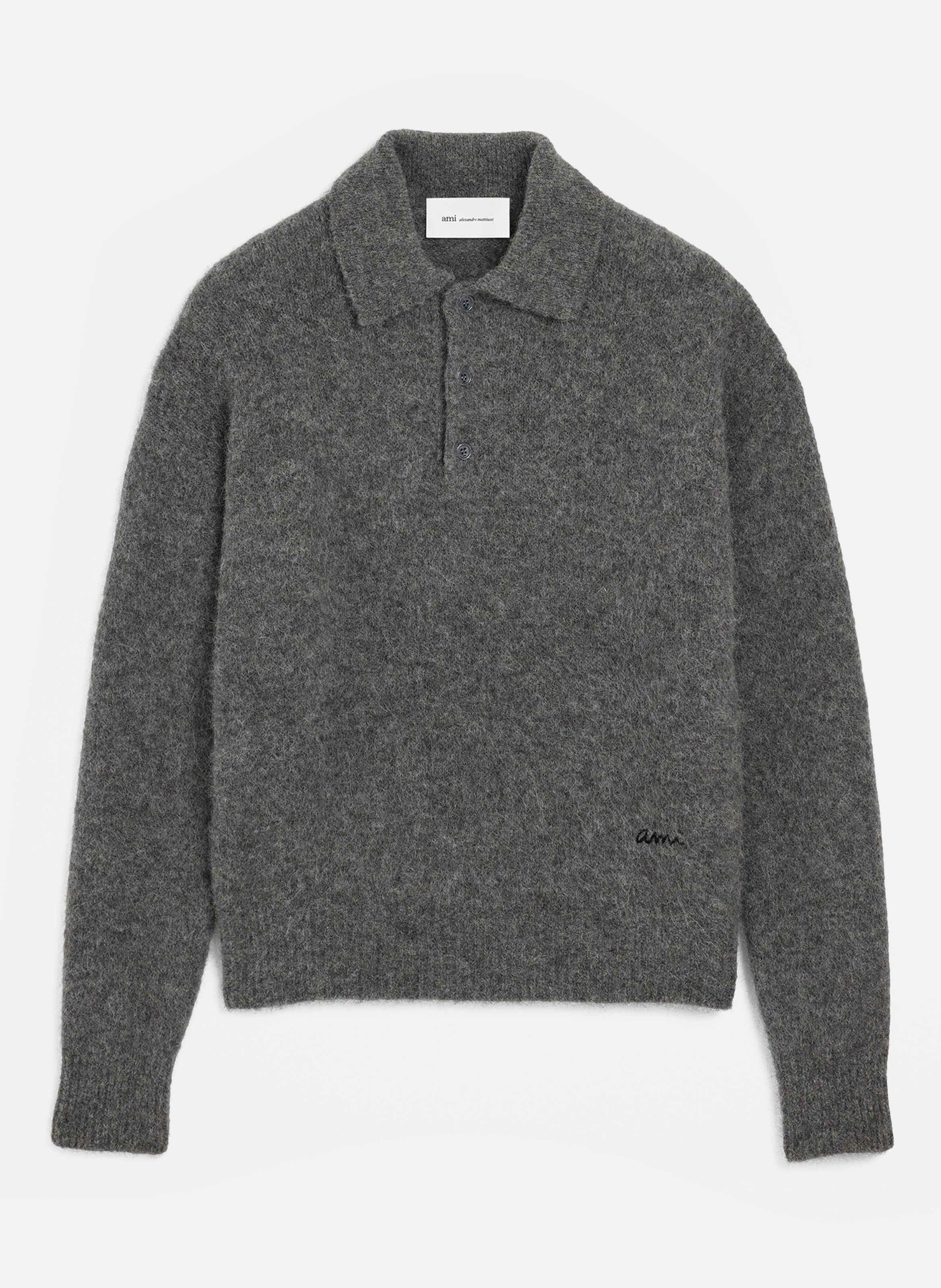 Polo en laine et alpaga broderie ami AMI PARIS Gris