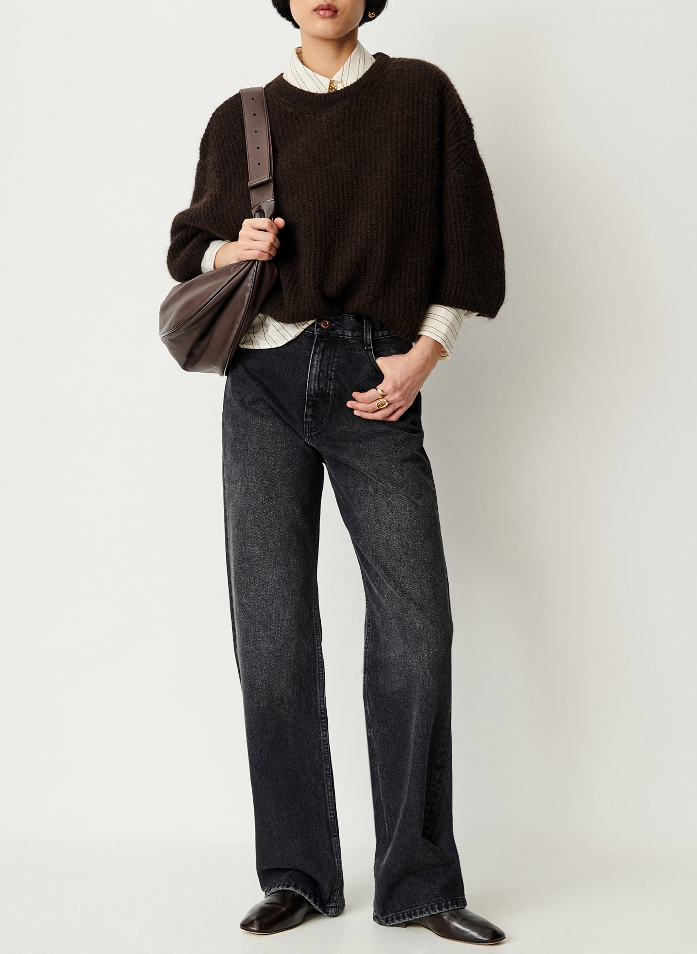 Pull ample col rond manches 3/4 en laine mélangée tallon SESSUN Marron