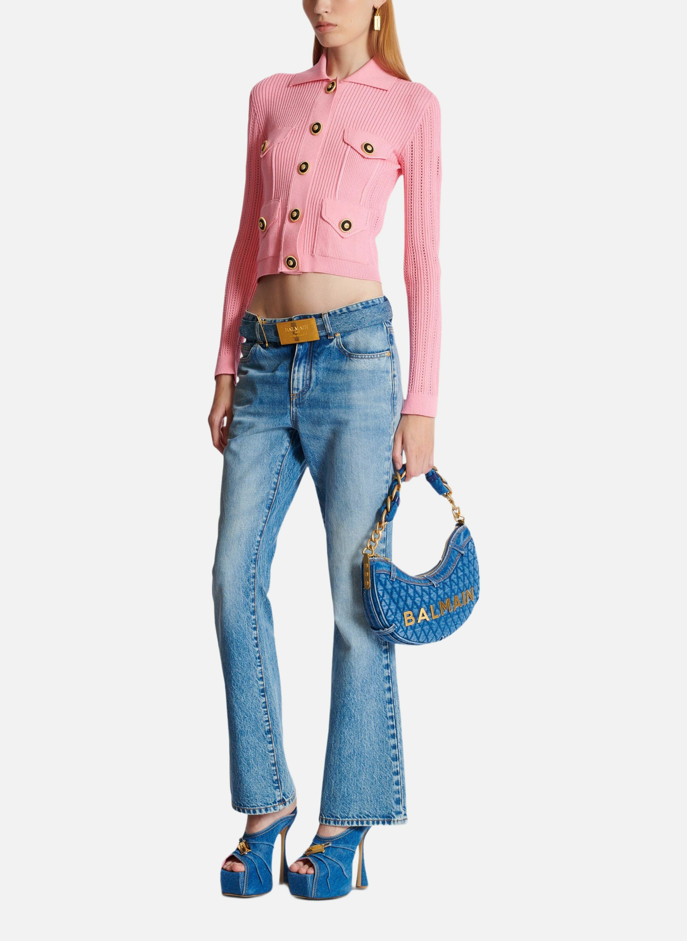 Cardigan court en maille côtelée et ajourée BALMAIN Rose