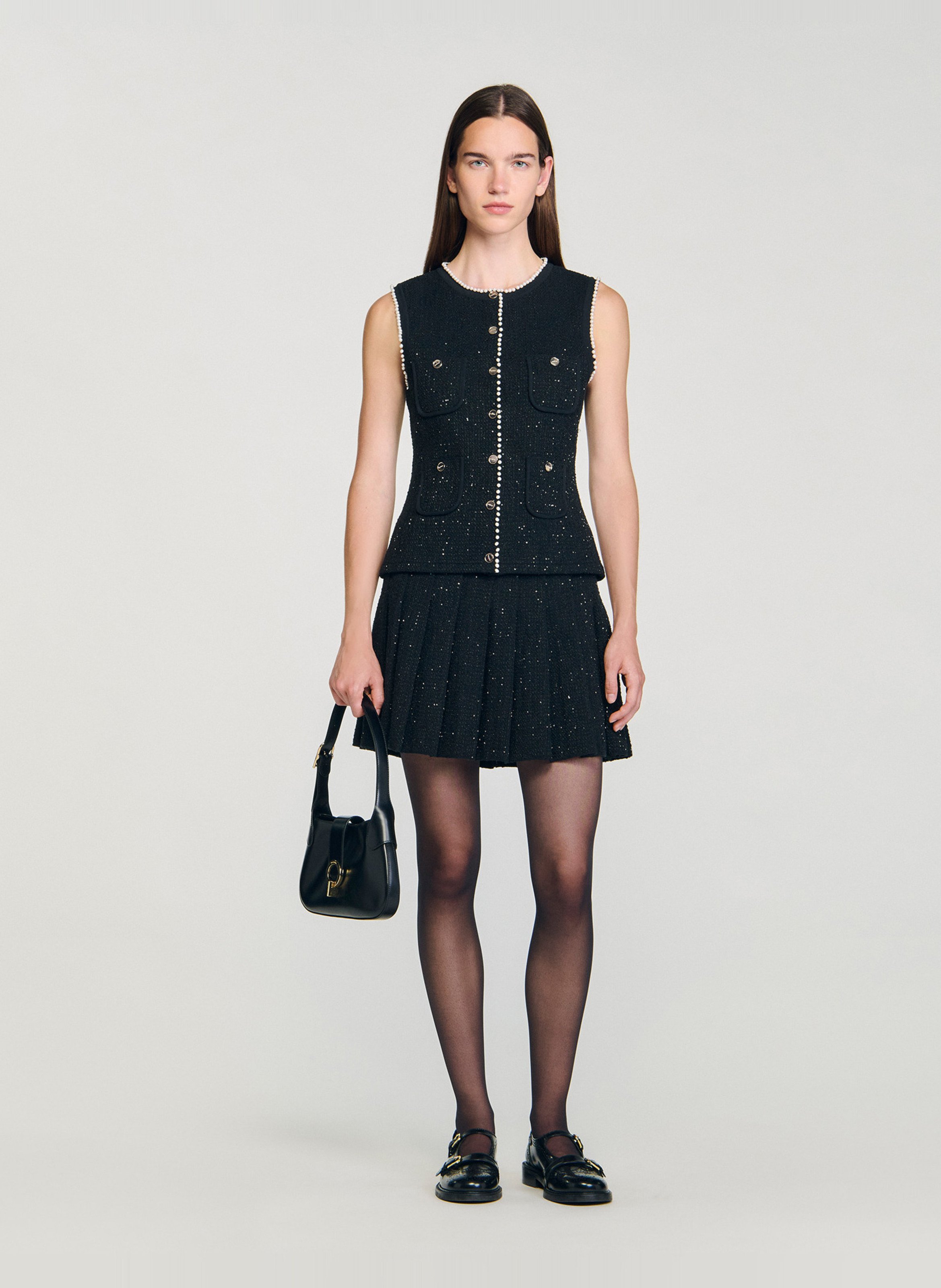 Cardigan boutonné en tweed fantaisie Noir