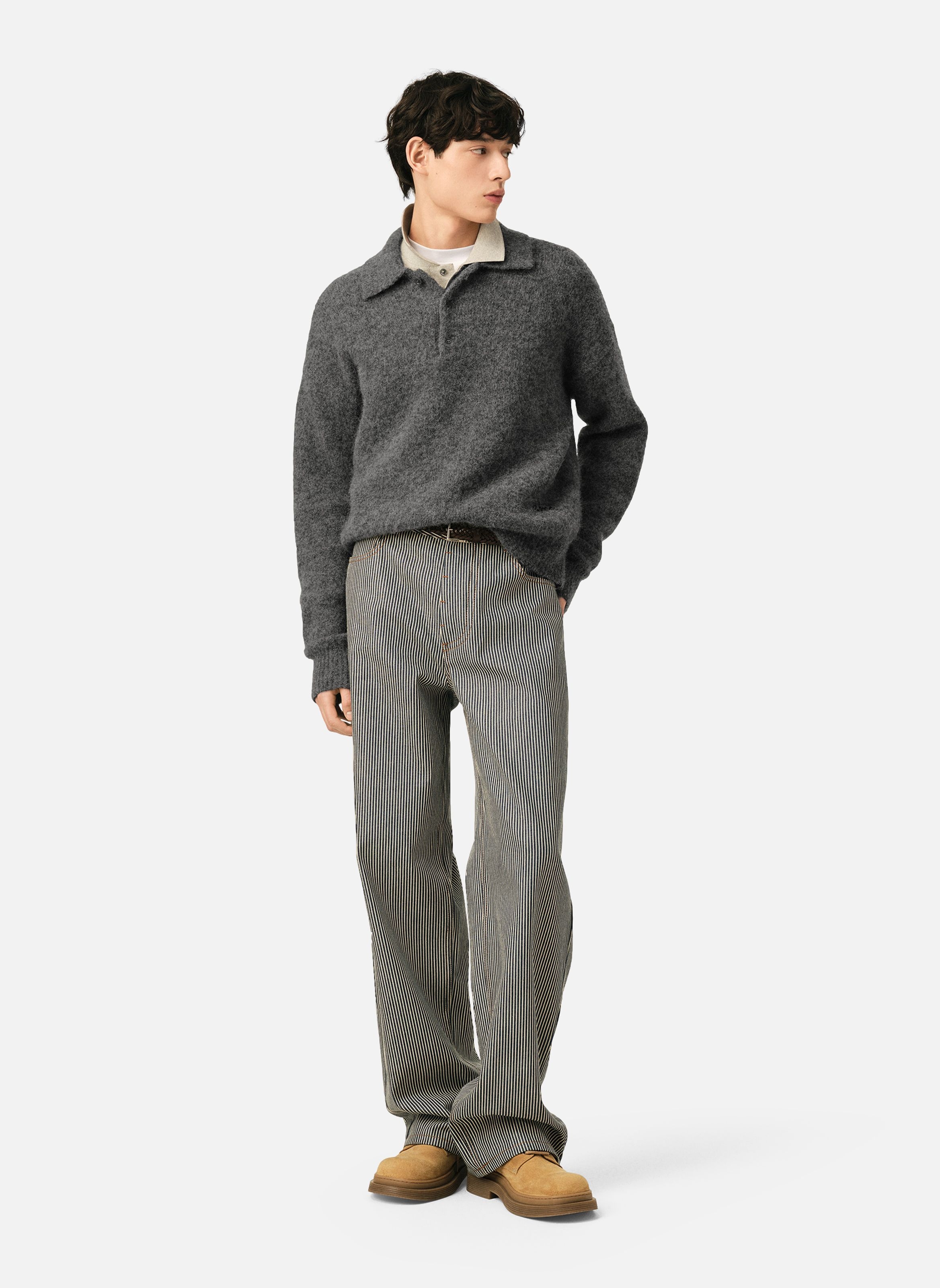 Polo en laine et alpaga broderie ami AMI PARIS Gris