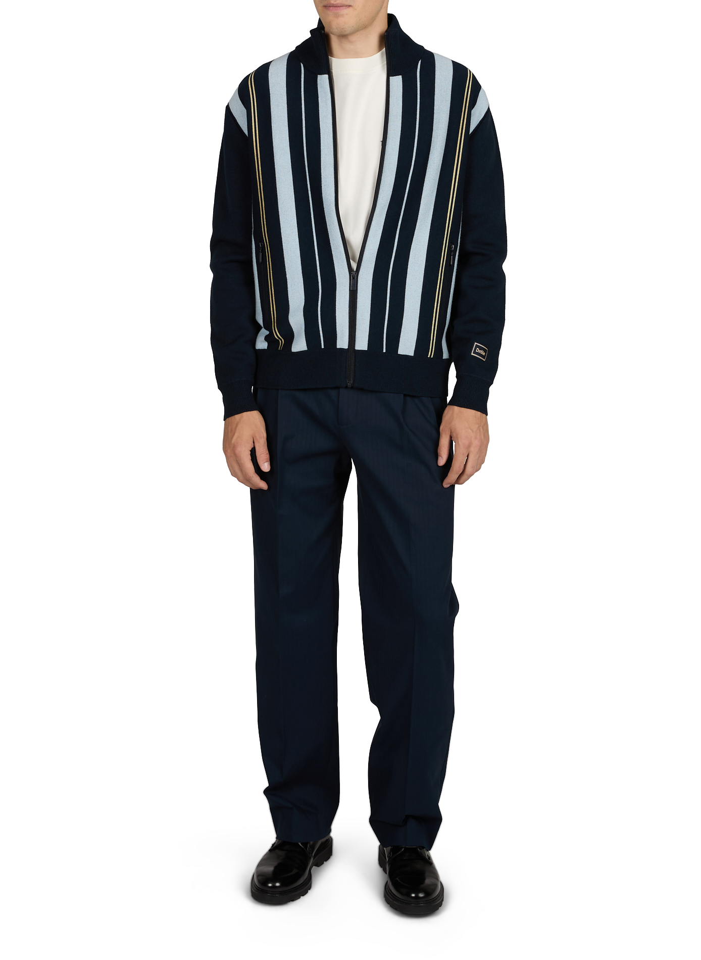 Striped wool and cotton zip-up cardigan | Blue DROLE DE MONSIEUR Men