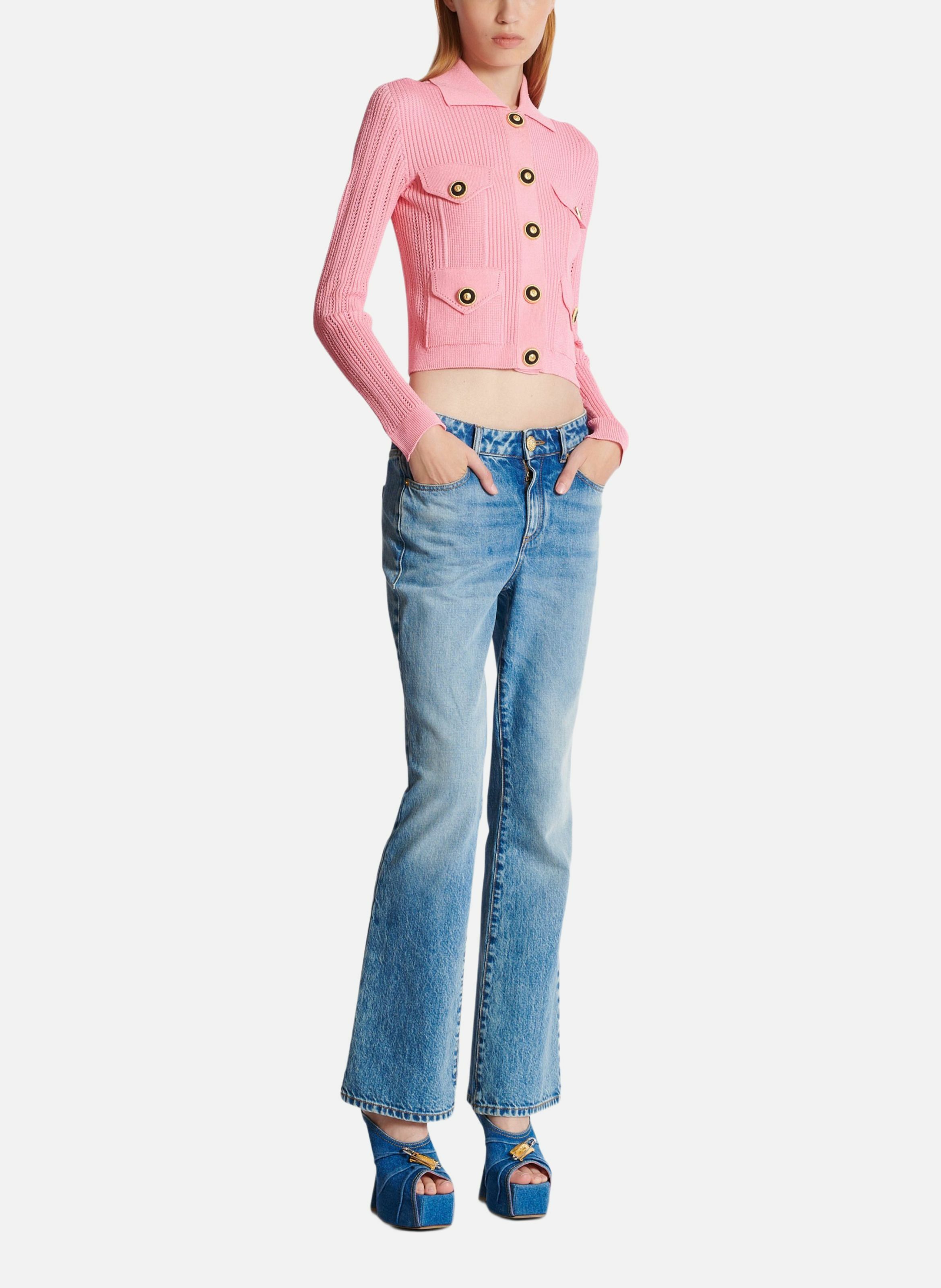 Cardigan court en maille côtelée et ajourée BALMAIN Rose